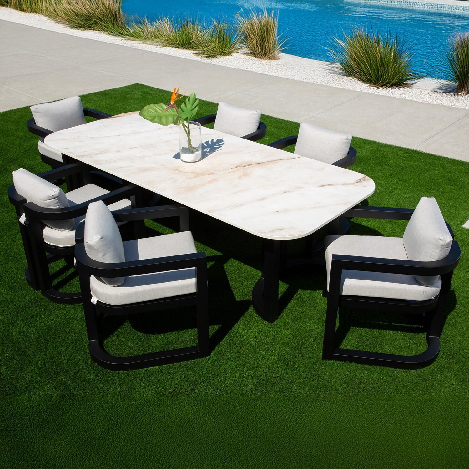 Malibu 7 Pc Aluminum Dining Set By Sunset West - Left View - Lifestyle thumbnail