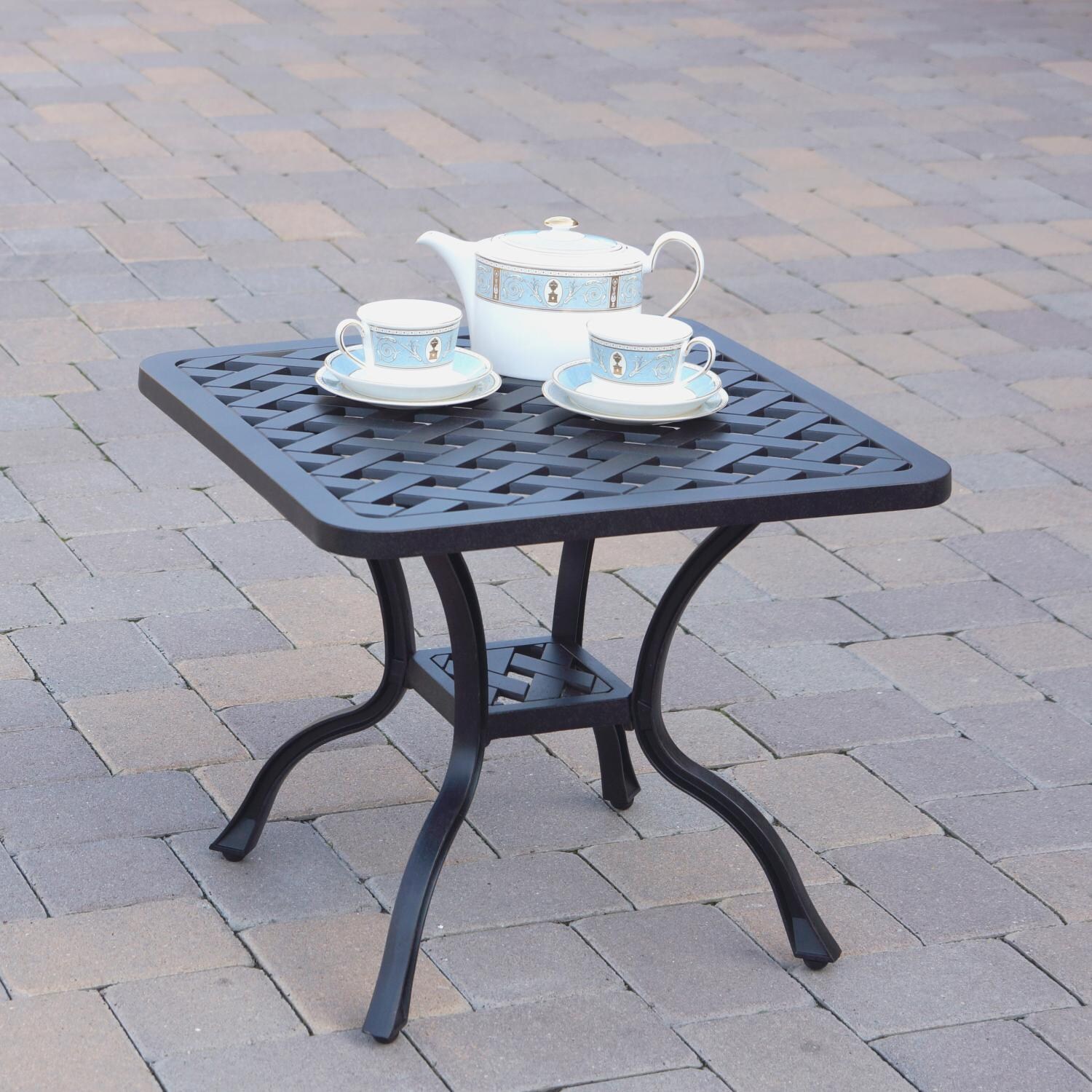 Series 30 21 Inch Antique Bronze Cast Aluminum Console Table By Darlee - Shown w/ Tea Set - Lifestyle thumbnail