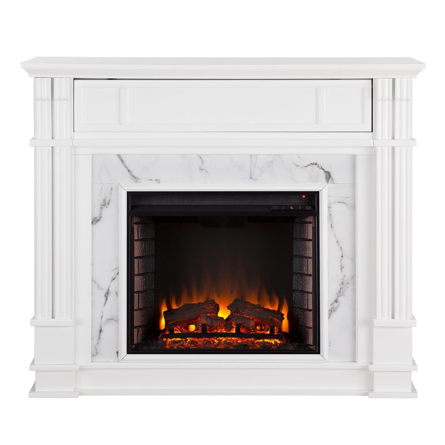 Southern Enterprises Highgate 48Inch Electric Fireplace Mantel Package White W/ Faux Carrara