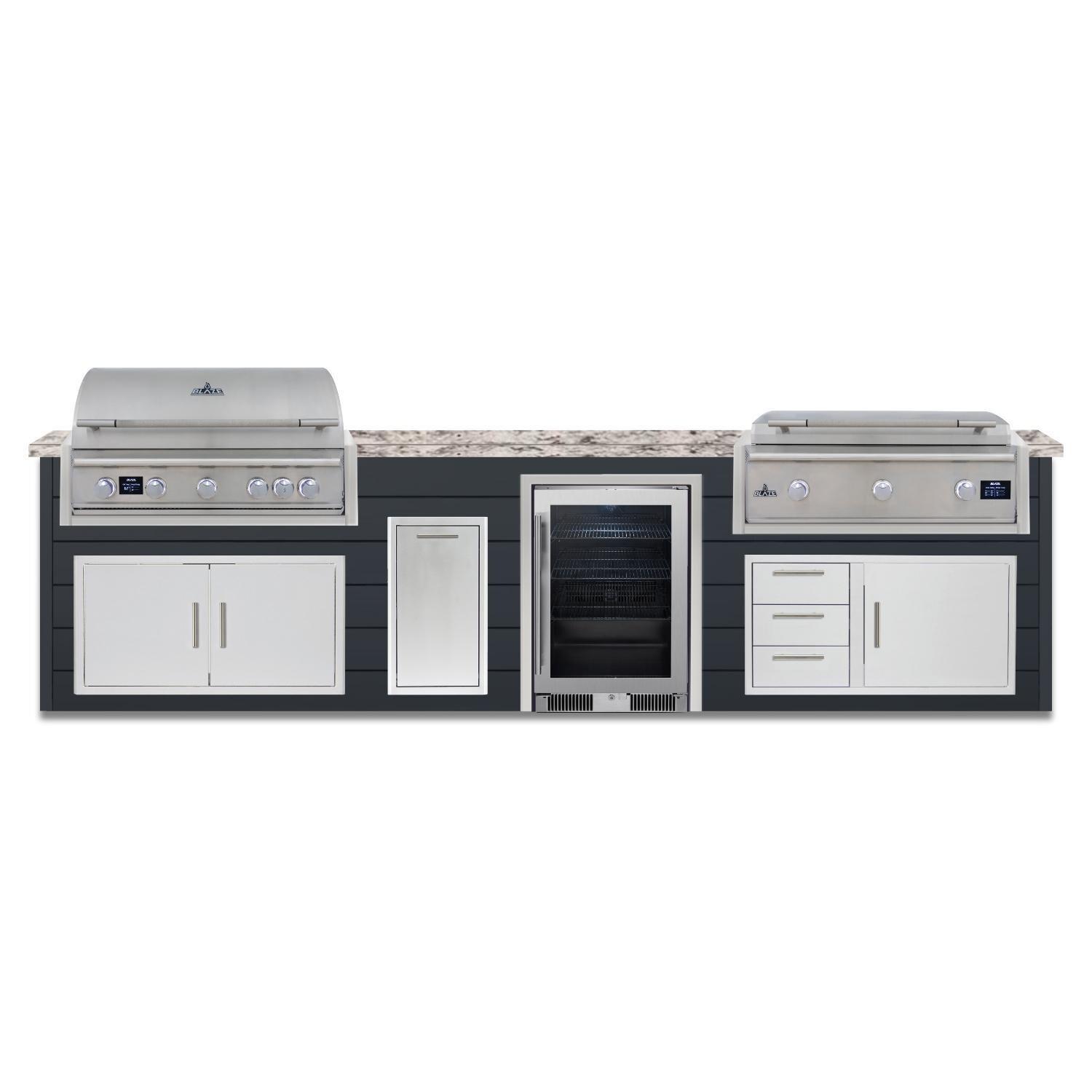 BBQGuys Signature 12 Ft Outdoor Kitchen Island w/ 40 Inch Propane Blaze LTE PRO Grill & Griddle, Beverage Center & Narrow Trash Bin | Asphalt Gray w/ White Granite