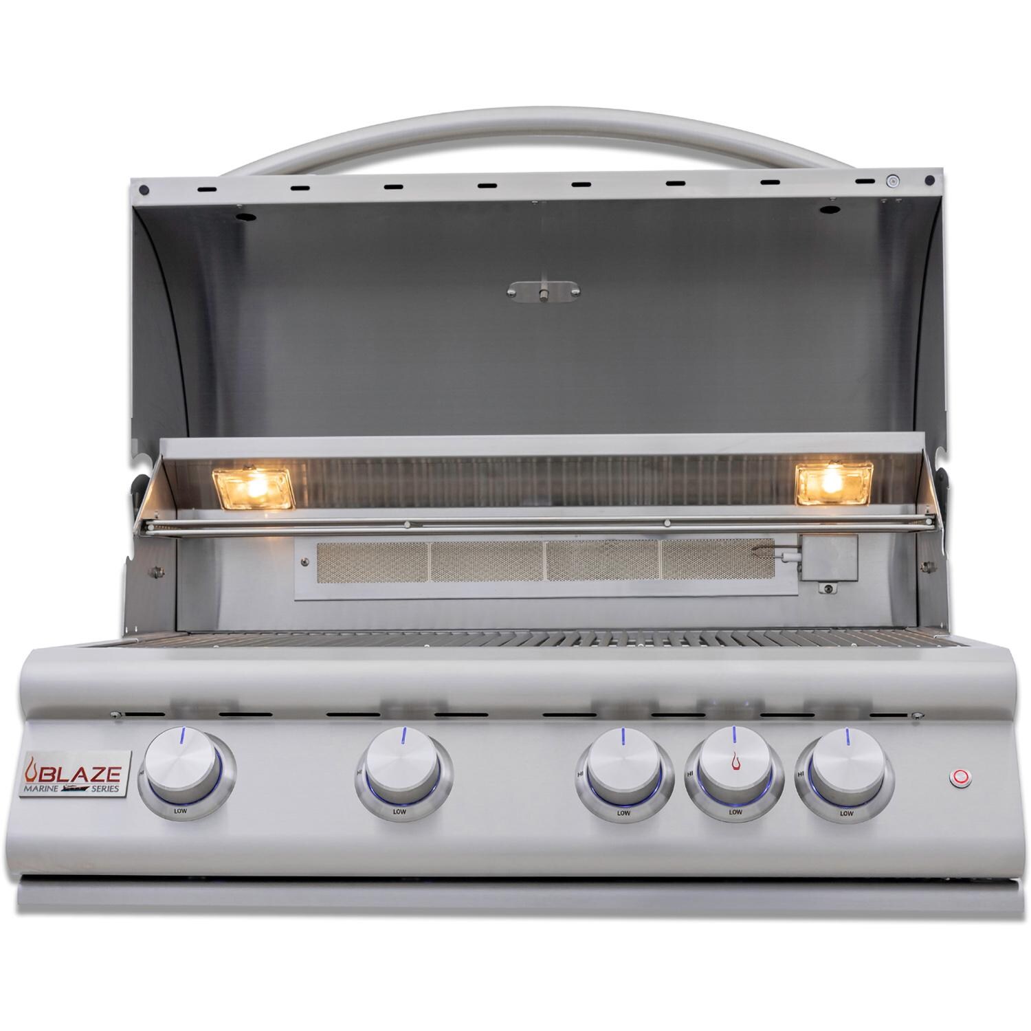 Blaze BLZ-4LTE3MG-LP Premium LTE+ Marine Grade 32-Inch 4-Burner Built-In Propane Grill With Rear Infrared Burner & Lift-Assist Hood - Front View - Open - White Background thumbnail