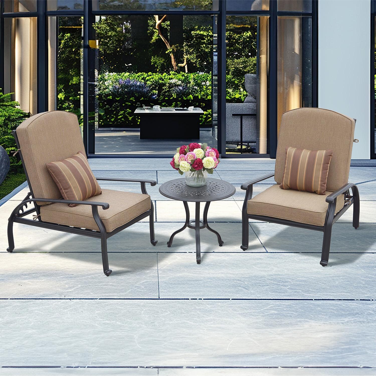 Nassau 3 Pc Cast Aluminum Seating Set w/ 24 Inch Table w/ Reclining Chair & Throw Pillows in Antique Bronze/Sesame by Darlee
