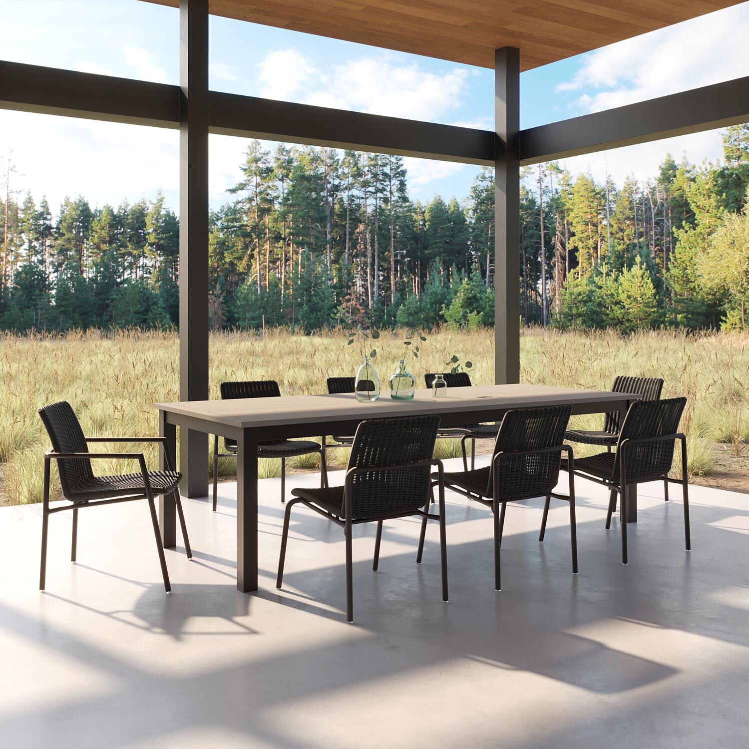 Oxford Garden Orso 9 Pc Wicker & Aluminum Dining Set W/ Vintage Tekwood Table Top in Carbon/Shadow thumbnail