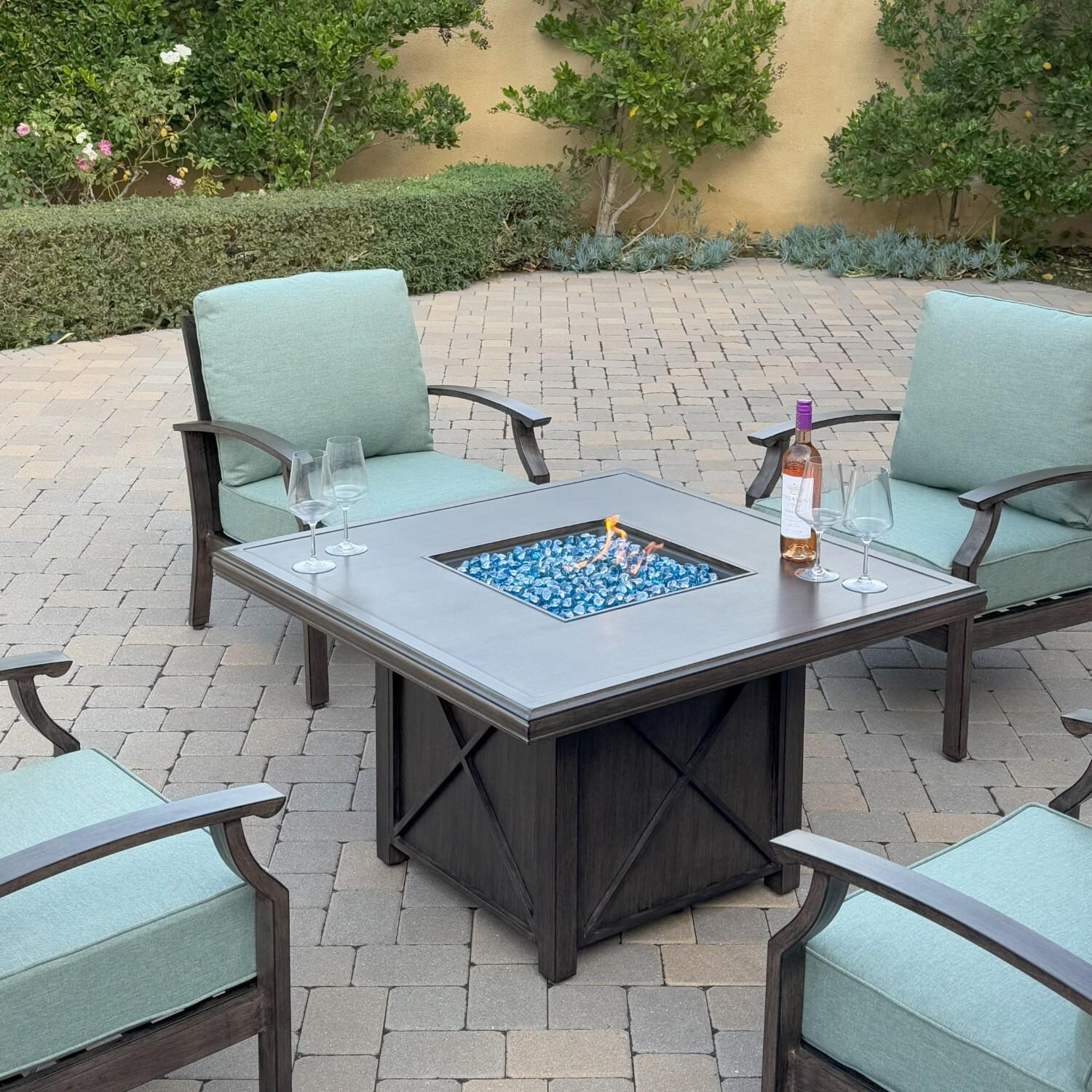 Atlantis 5 Pc Aluminum Fire Pit Seating Set w/ 4 Club Chairs in Walnut/Spa by Darlee - Table & Chairs - Lifestyle thumbnail