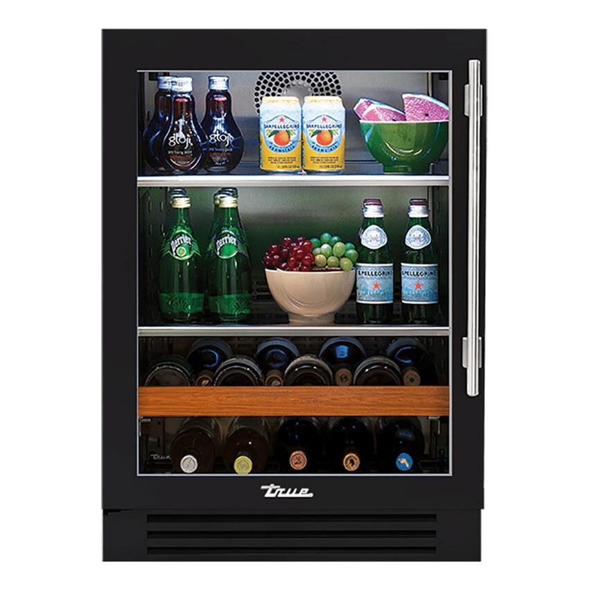 True TBC-24-L-OG-C~DSK-027-H04 24 Inch 147 Can 13 Bottle Left Hinge Glass Door Outdoor Outdoor Beverage Center - Matte Black w/ Stainless Steel Handle - White Background thumbnail