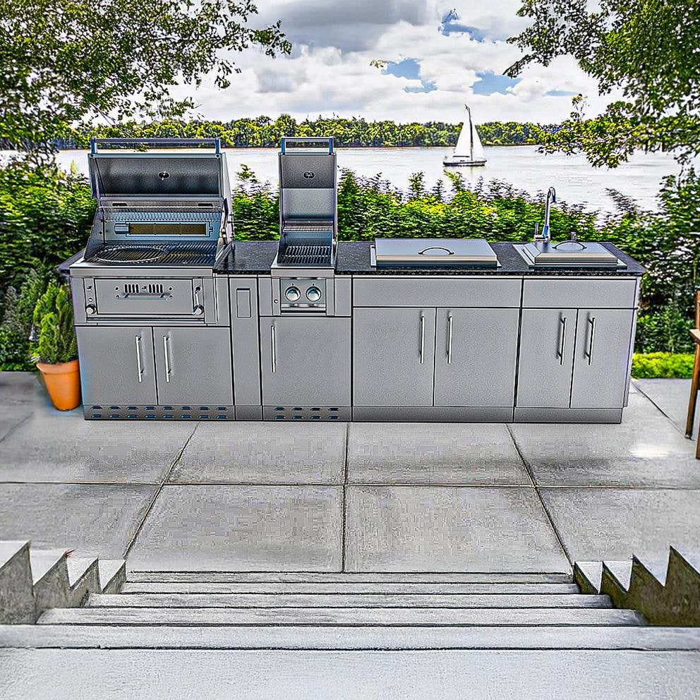 Sunstone Grills SCPALAMO10-LP Alamo 10 Ft Outdoor Kitchen Island w/ Propane Grill & Side Burner, Sink, Door & Drawer - On Patio - Lifestyle thumbnail