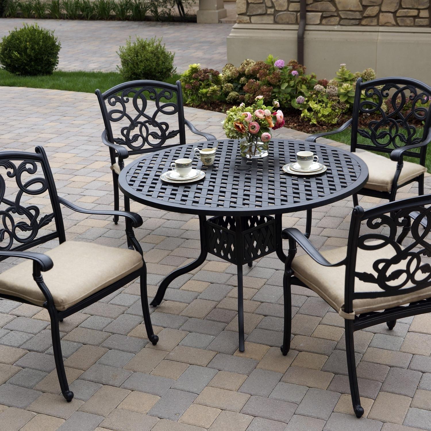 Darlee Santa Monica 5 Pc Cast Aluminum Dining Set w/ 48 Inch Round Series 30 Table in Antique Bronze/Beige Canvas by - B/DL2052-5PC-30C