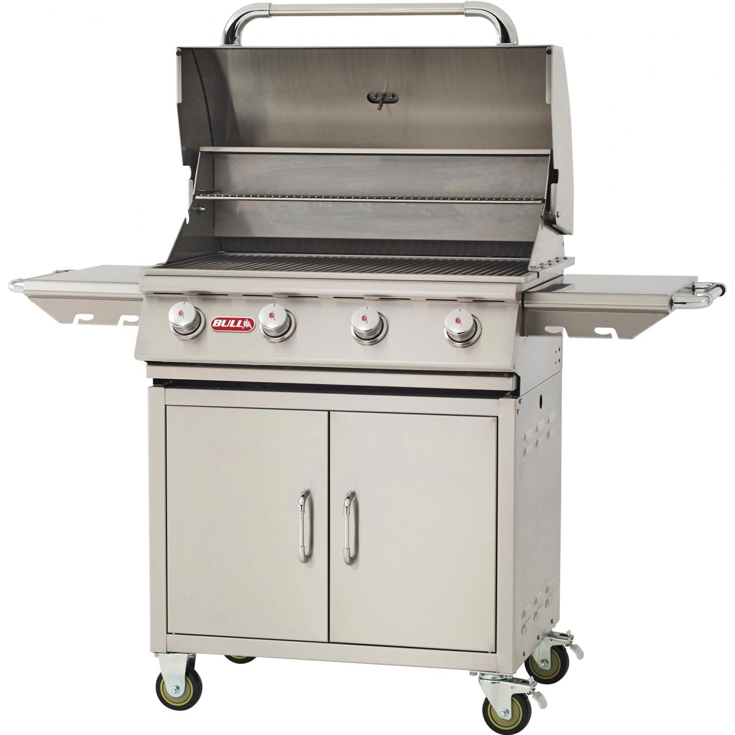 Bull 26002 Outlaw 32-Inch 4-Burner Freestanding Natural Gas Grill - Angled View With Hood Open thumbnail