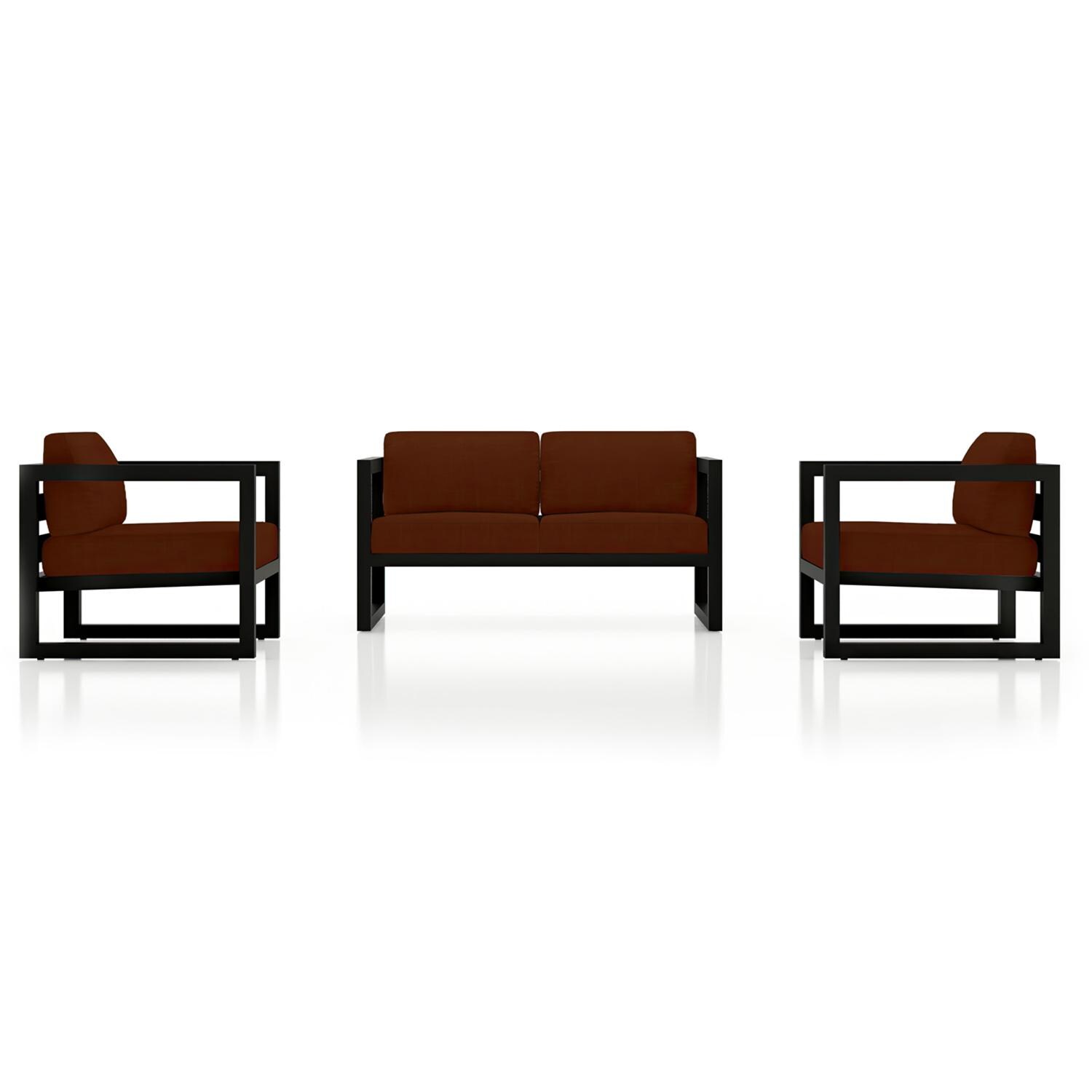 Lakeview MSTYCV-BK-3LSS-HN Misty Cove 3 Pc Aluminum Seating Set in Black w/Loveseat & Canvas Henna Cushions by Lakeview Outdoor Designs - Set Front View - White Background thumbnail