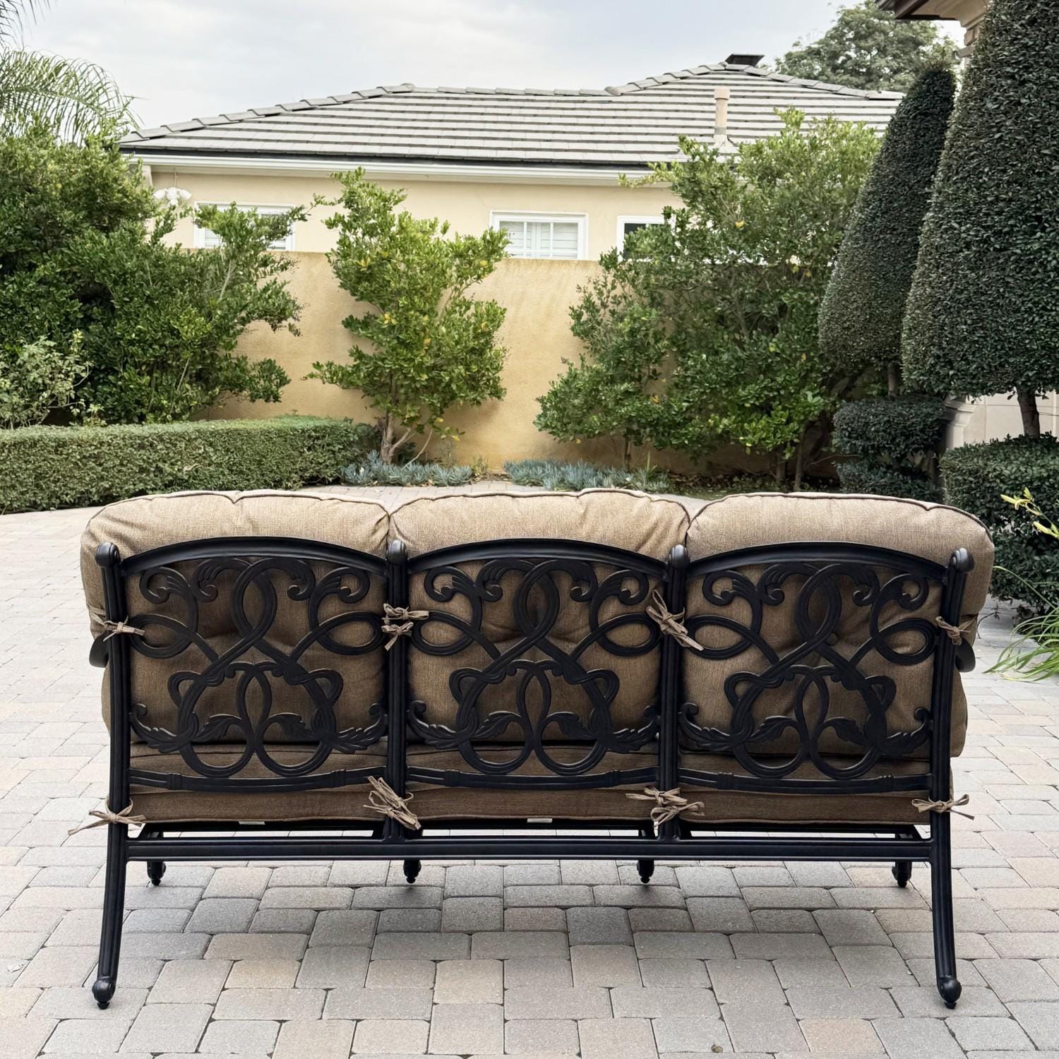 Santa Monica 6 Pc Cast Aluminum Seating Set w/ 49 X 35 Inch Fire Pit Table w/ 2 Rocker Club Chairs in Sesame/Antique Bronze by Darlee - Sofa Back - Lifestyle