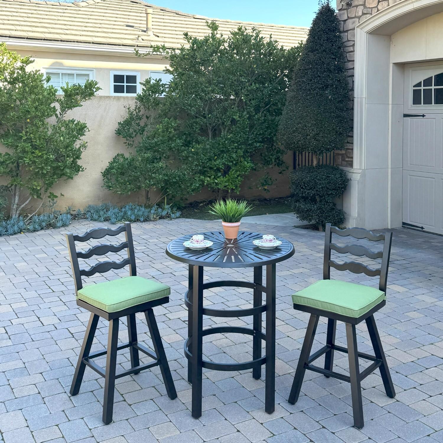 Aspen 2 Pc Aluminum Swivel Counter Height Bar Stool Set in Green/Dark Brown by Darlee - Shown w/ Side Table (Not Included) - Lifestyle thumbnail
