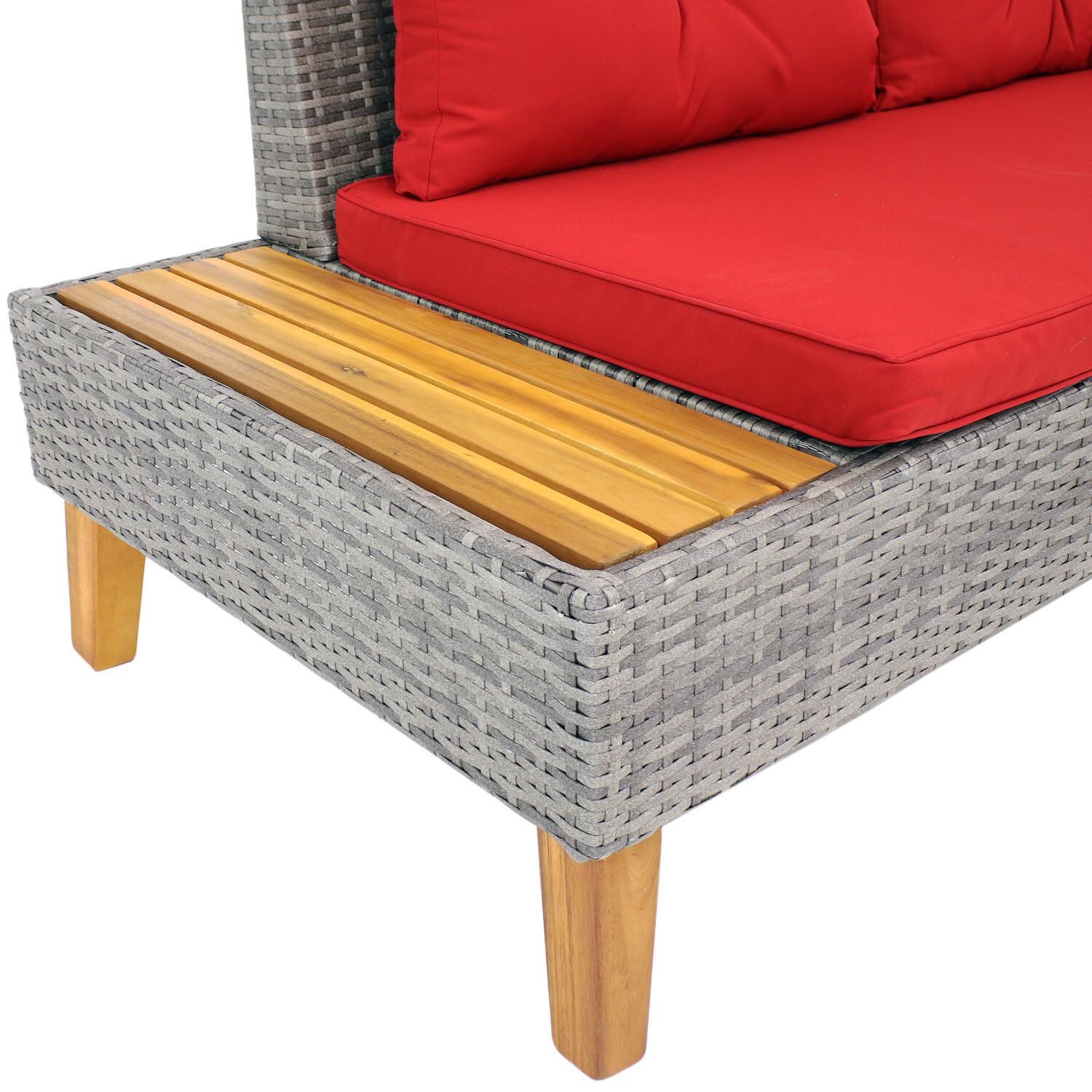 Ultimate Patio 2-Piece Resin Wicker Patio Sectional Set W/ Acacia Coffee Table - Red Cushions - Built-In Acacia Side Table thumbnail