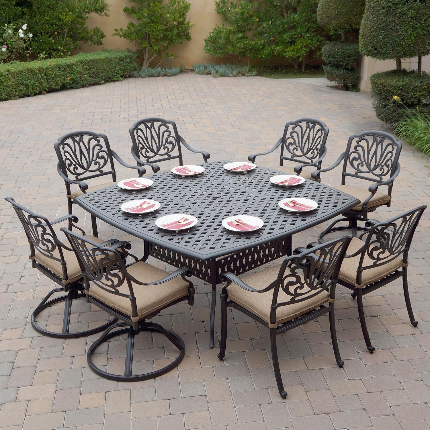 Elisabeth 9 Pc Cast Aluminum Dining Set w/ 64 Inch Series 30 Table & 4 Swivel Rockers in Antique Bronze/Sesame by Darlee