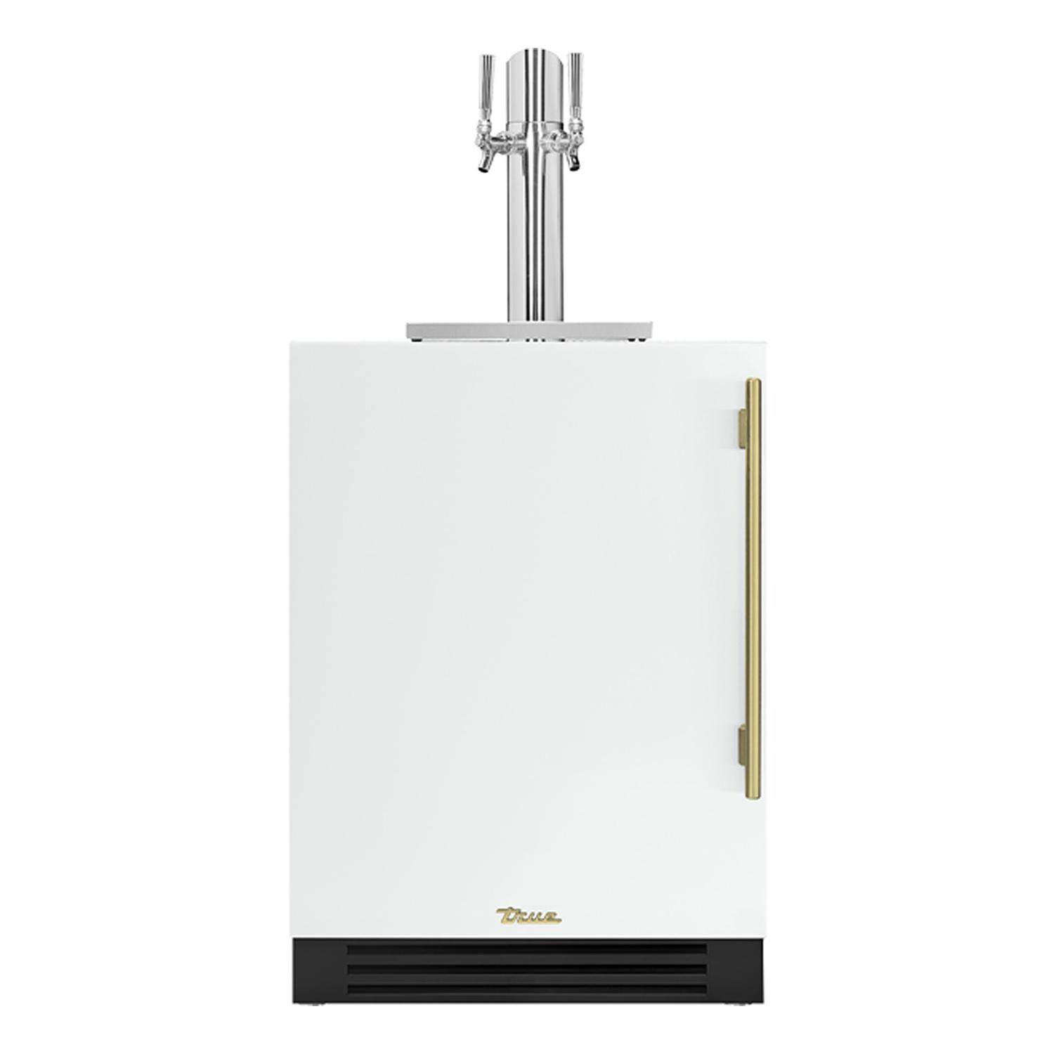 True 24 Inch Left Hinge Outdoor Dual Tap Beverage Dispenser - Matte White w/ Brass Handle - TUR-24DD-L-OP-C~DSK-030-H01