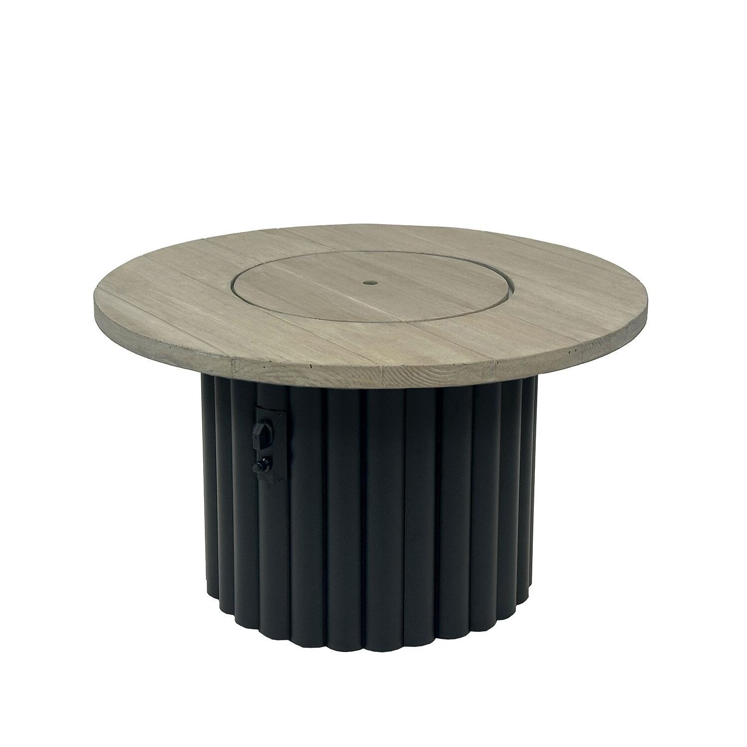 Reverie REVSBL-42-K 42-in Round Gas Fire Pit Table w/ Smokey Oak Supercast Top & Black Base - Cover On - White Background thumbnail