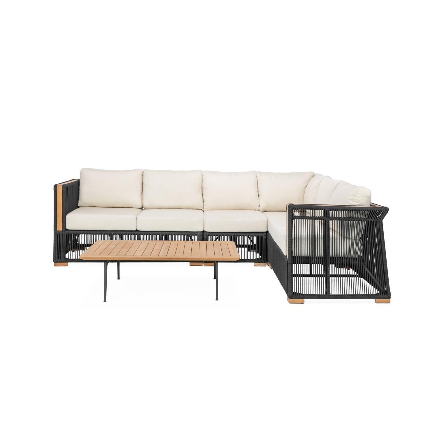 Teak + Table Breeze Olefin Rope & Teak Patio Sectional Set in Charcoal/Sand - Lounge Set Side View - White Background thumbnail