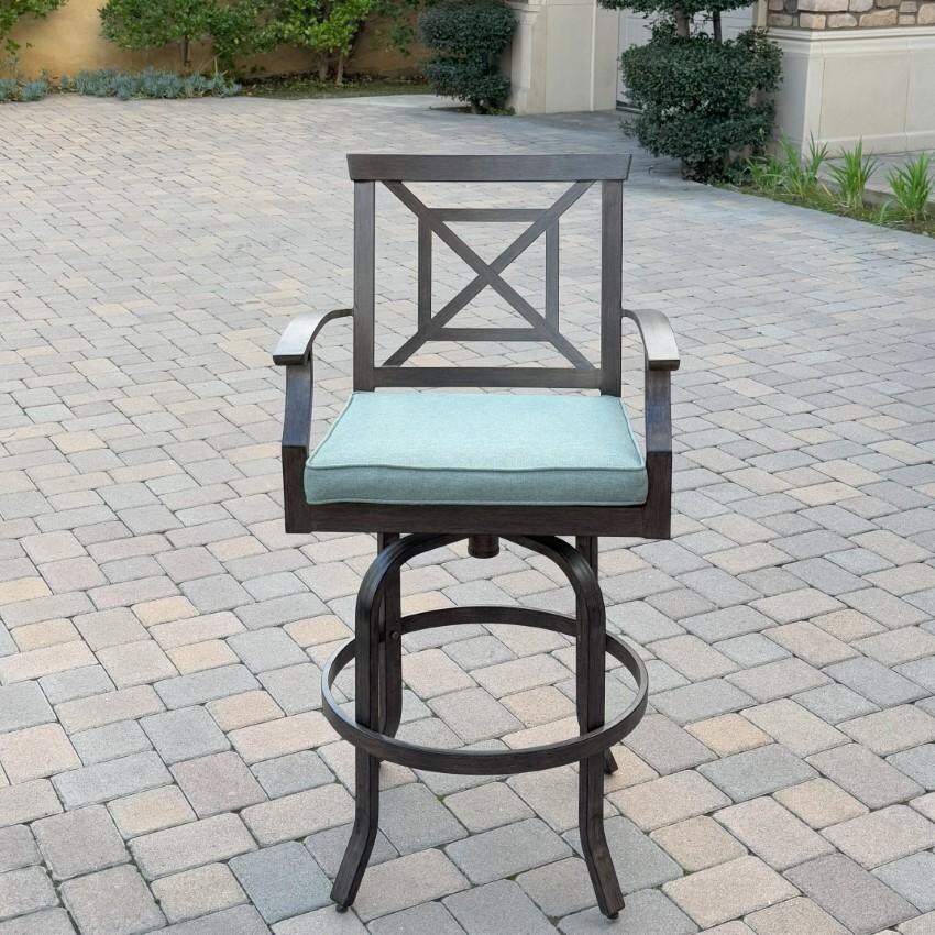 Atlantis Aluminum Swivel Bar Stool Set of 4 w/ Spa Cushions in Walnut By Darlee - Chair Front View - Lifestyle thumbnail