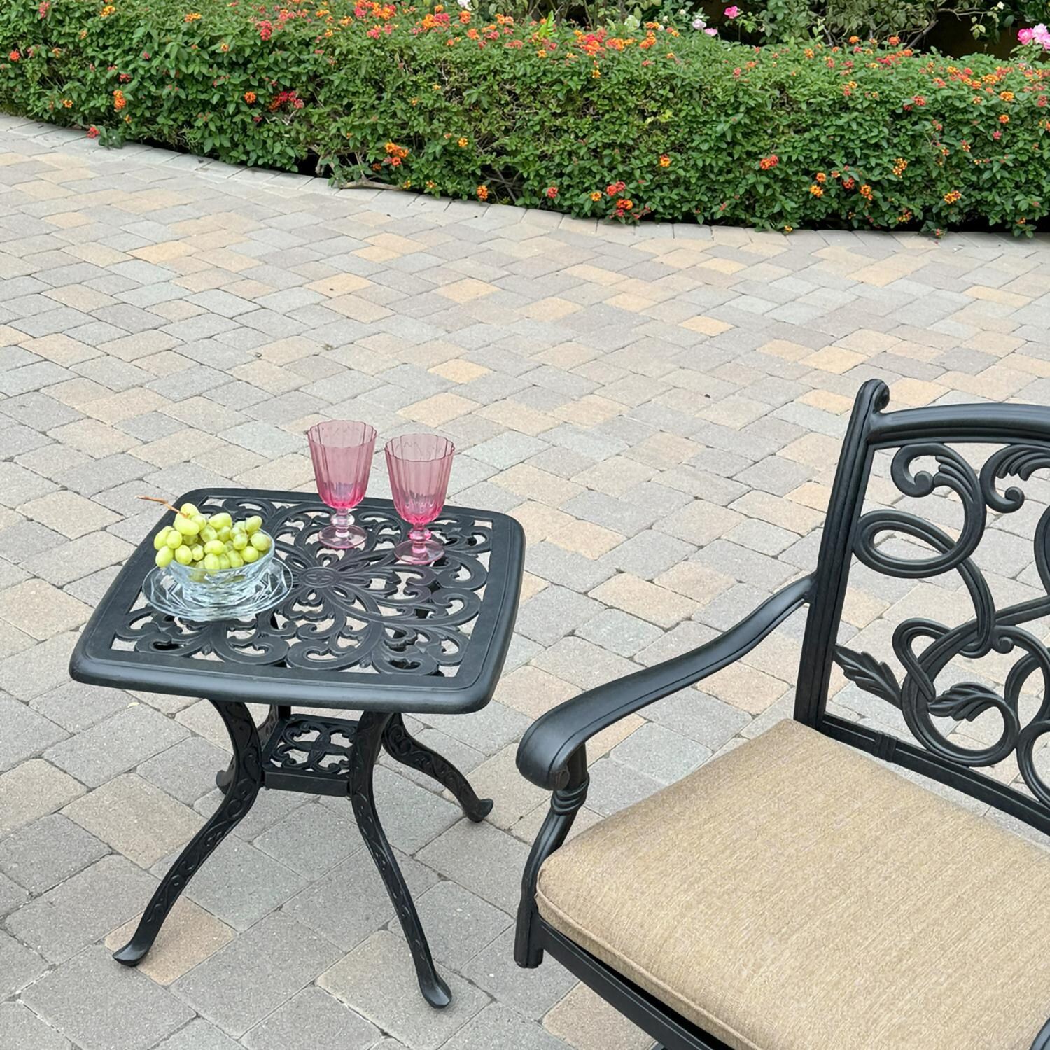 Darlee B/DL2052-3PCR-80S Santa Monica 3 Pc Cast Aluminum Dining Set w/ Square End Table in Antique Bronze - Table and Chair - Lifestyle thumbnail