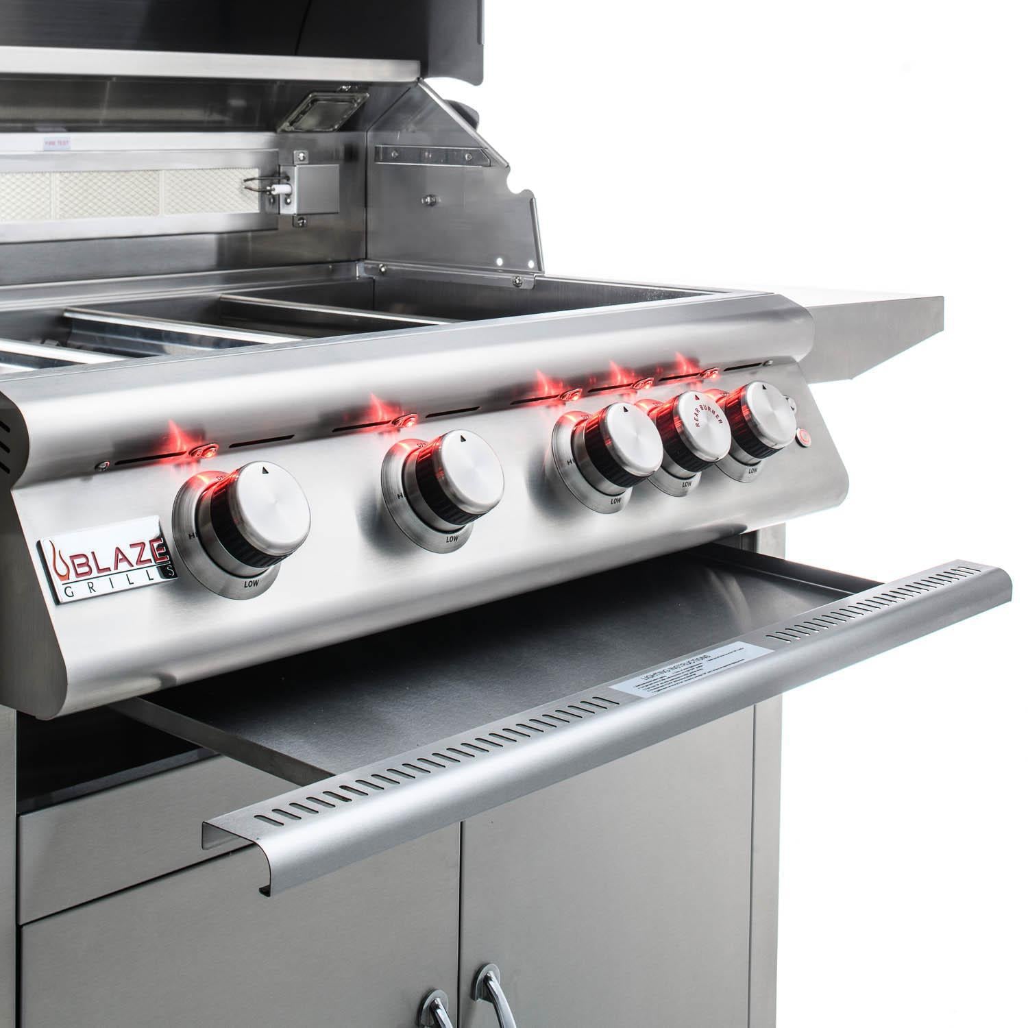 Blaze BLZ-4LTE2-LP Premium LTE 32-Inch 4-Burner Built-In Propane Grill - Drip Tray Pulled Out (Shown On Cart) thumbnail