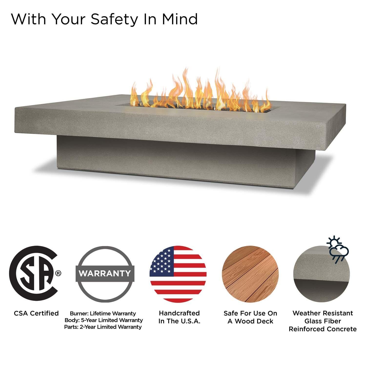 Hickory Bay 60 Inch Rectangular Glass Fiber Reinforced Concrete Propane Fire Pit Table in Flint by BBQGuys Signature - Safety thumbnail