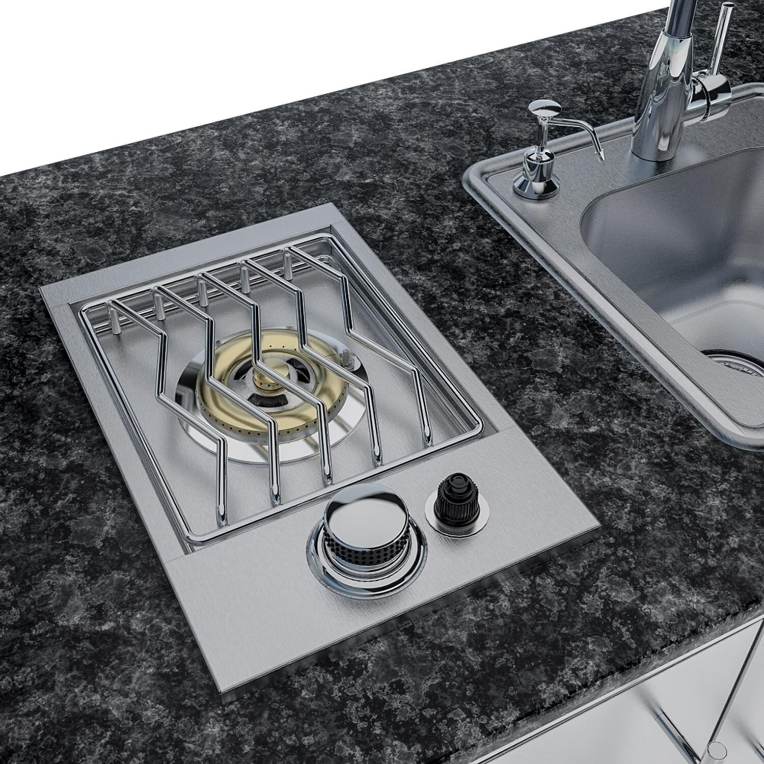 Sunstone Grills SCPBAYOU8.6-LP Bayou 8 1/2 Ft Outdoor Kitchen Island w/ Propane Grill & Side Burner, Sink, Refrigerator, Door & Drawer - Side Burner - Detail thumbnail