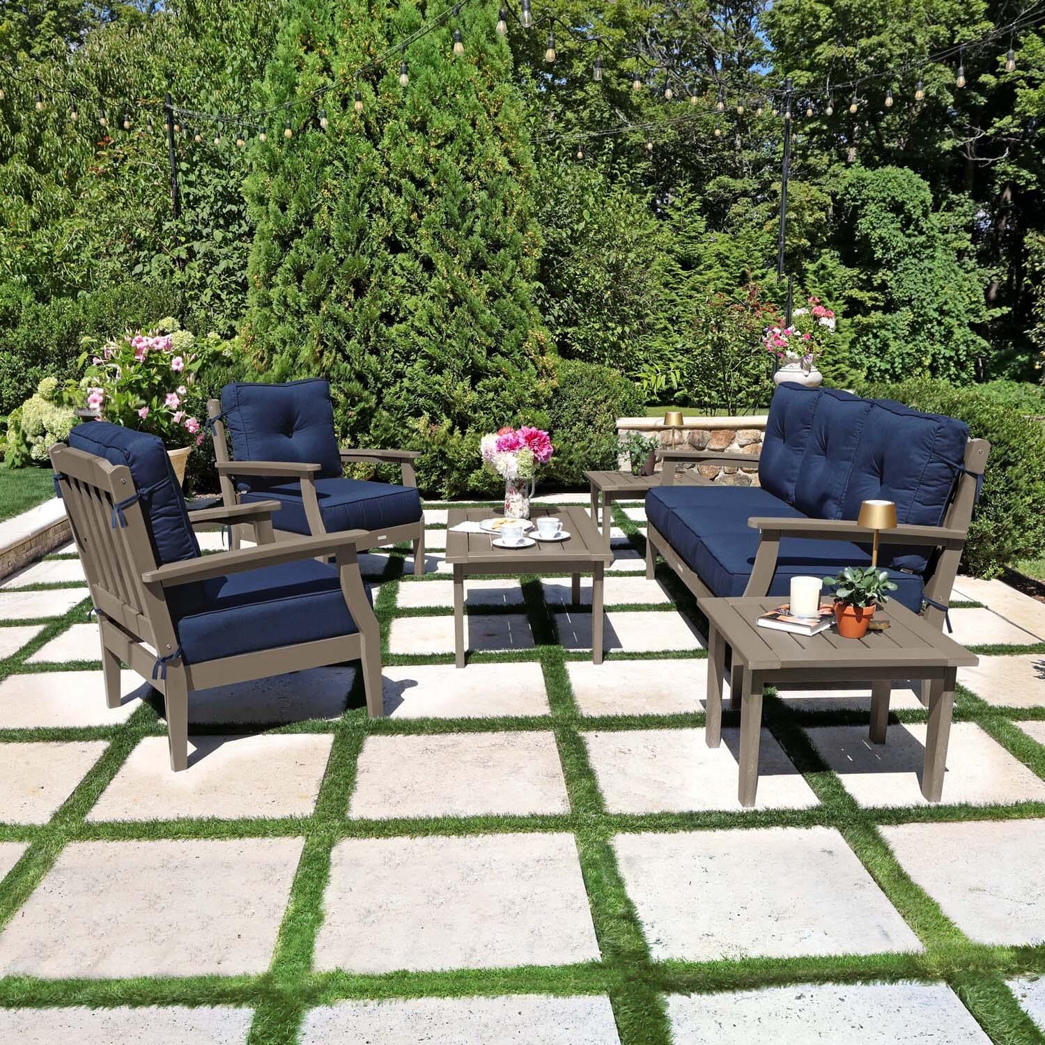 Blushing Bay 6 Pc Recycled Plastic Seating Set w/ Sofa in Spectrum Indigo/Woodland Brown by Lakeview Outdoor Designs - Side View - Lifestyle thumbnail