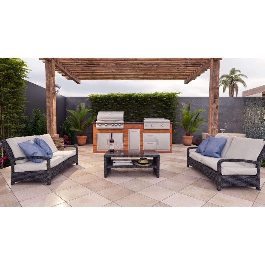 BBQGuys Signature 8ft Luxury Outdoor Island W/ Blaze Premium LTE 32-Inch Natural Gas Grill & LTE 30-Inch Natural Gas Griddle - Light National Walnut Aluminum W/ Black Polished Granite - Front -Lifestyle thumbnail