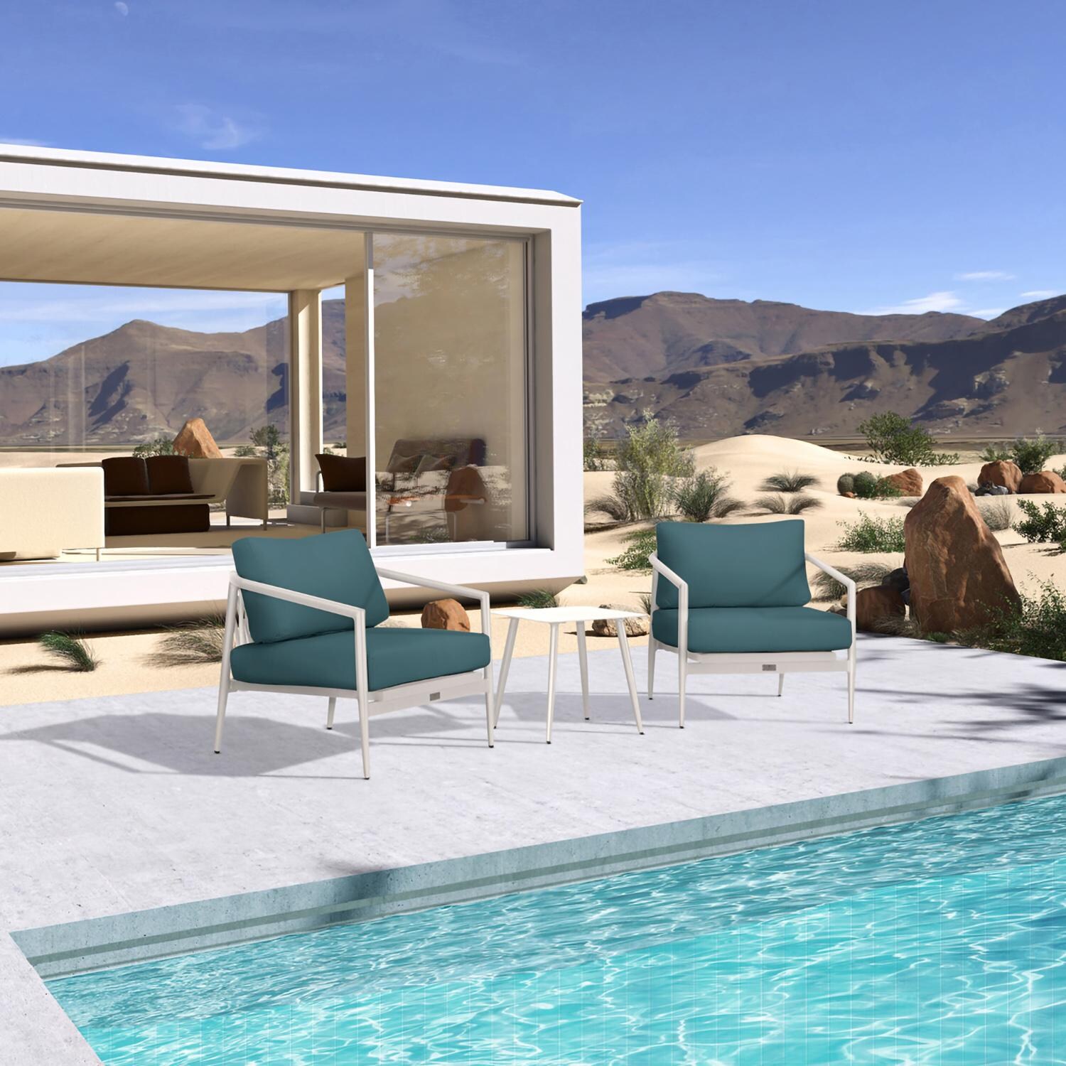 Lakeview Midnight Cove 3 Pc Aluminum Club Chair Seating Set in Urban Stone/Carrera/Cast Lagoon - Angled - Lifestyle thumbnail