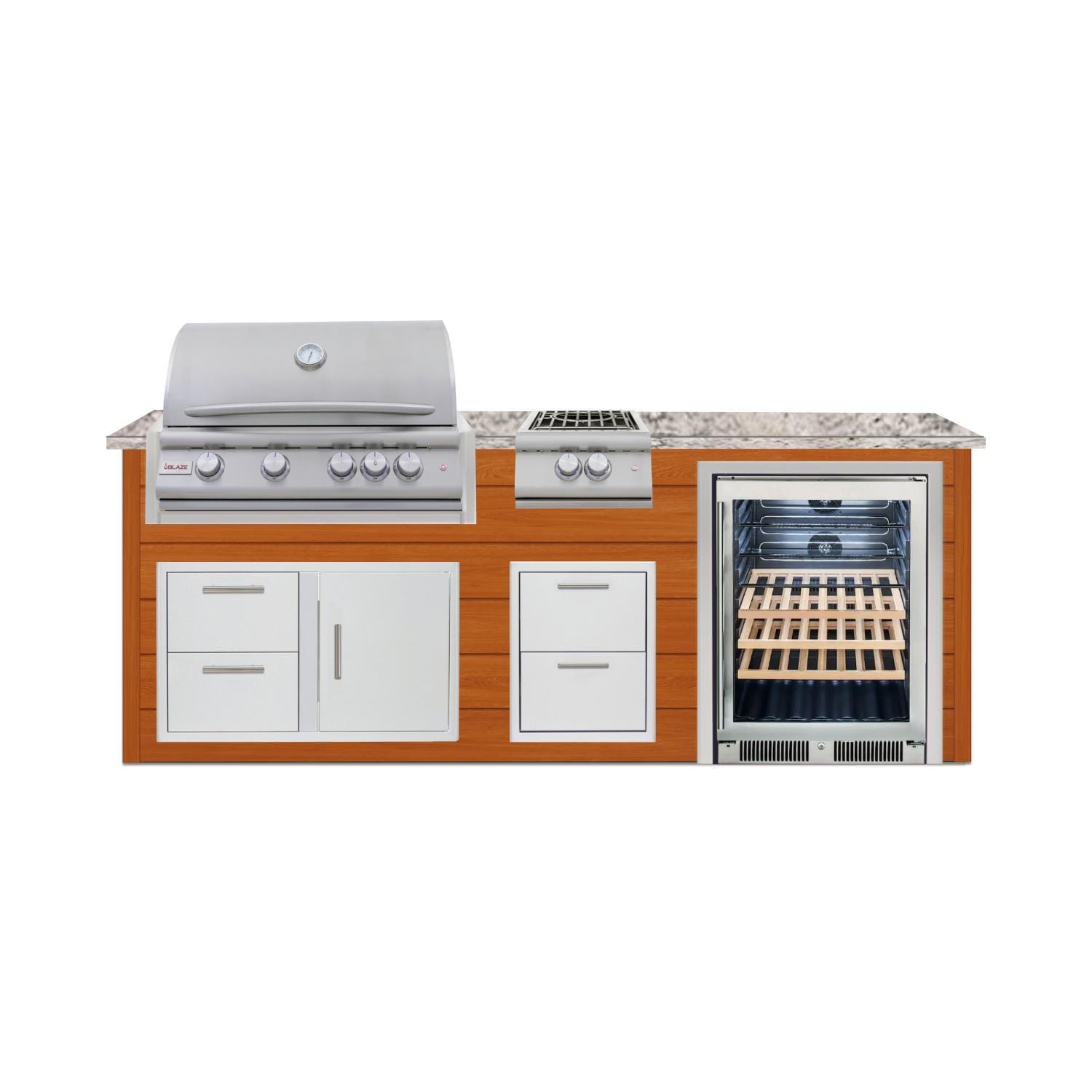 BBQGuys Signature 8 Ft Outdoor Kitchen Island w/ 32 Inch Natural Gas Blaze LTE+ Grill Power Burner & Beverage Center | Chai Cedar w/ White Granite