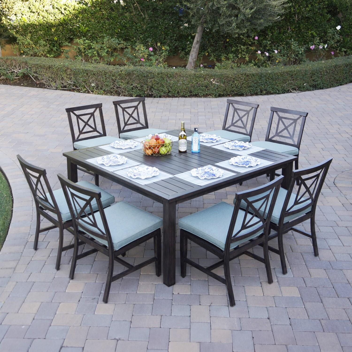 Atlantis 9 Pc Aluminum Dining Set w/ 8 Dining Side Chairs in Walnut/Spa by Darlee