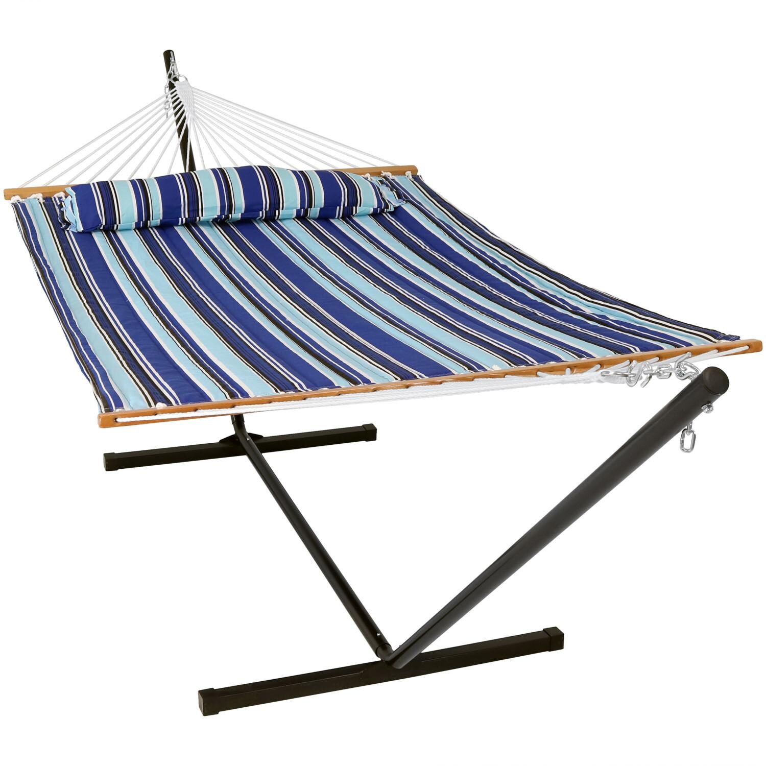 Sunnydaze Decor Quilted Double Hammock w/ Stand & Pillow - Catalina Beach - LY-QFH-CB-COMBO image