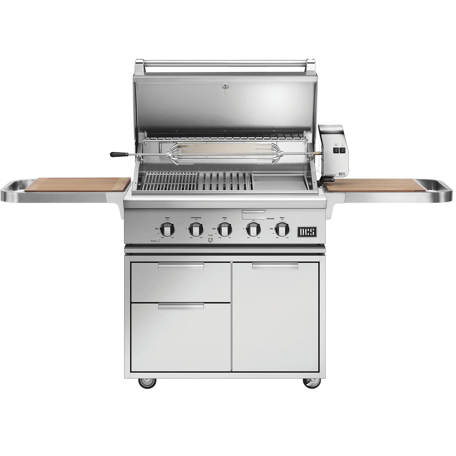 DCS BH1-36RI-N Series 7 36 Inch Freestanding Natural Gas Grill With Rotisserie, Infrared Burner & Cutting Board Shelves - Open View thumbnail
