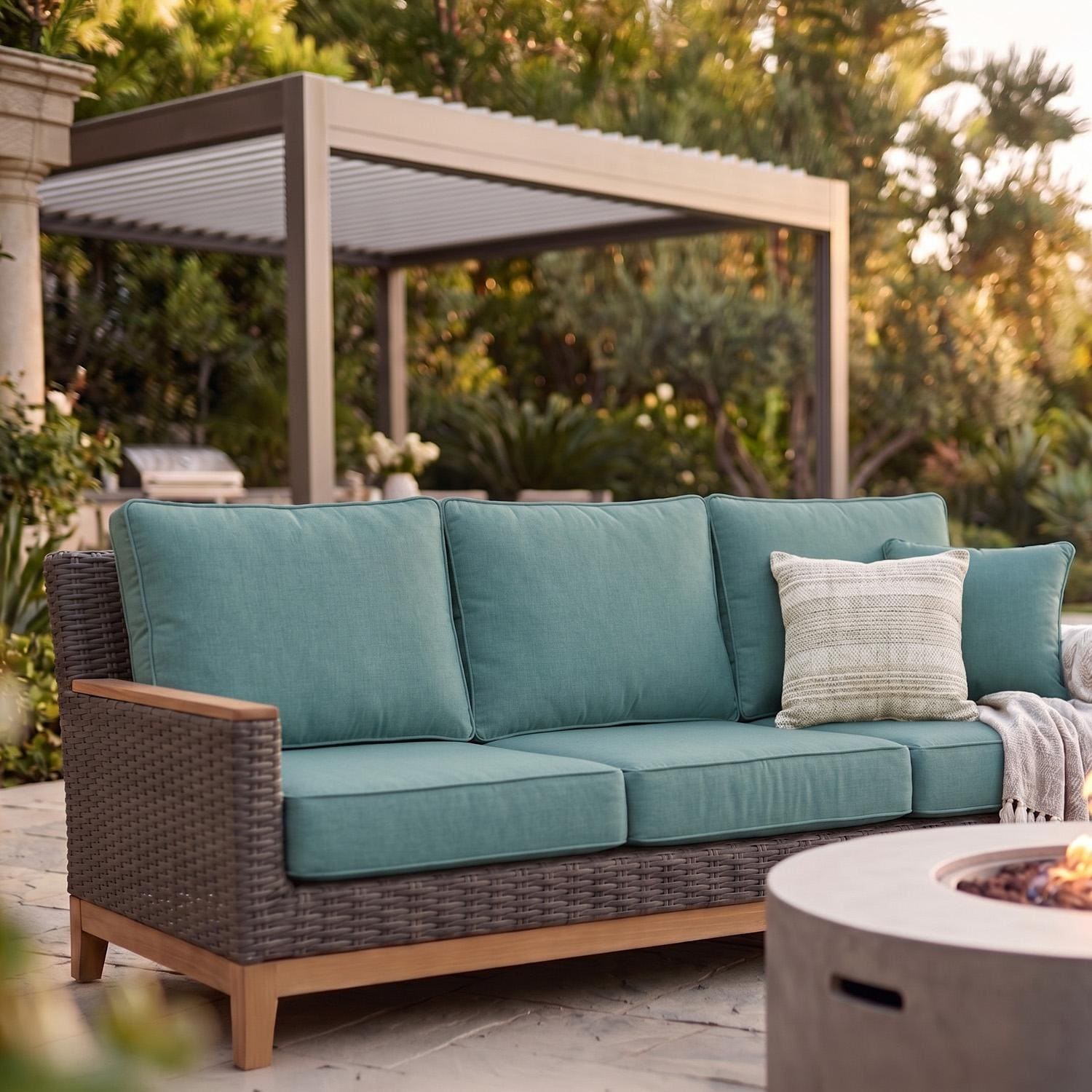 Royal Teak Collection BOCA3S-S Boca 3 Person Wicker Sofa w/ Sunbrella Cushions in Gray/Canvas Spa - On Patio - Lifestyle thumbnail