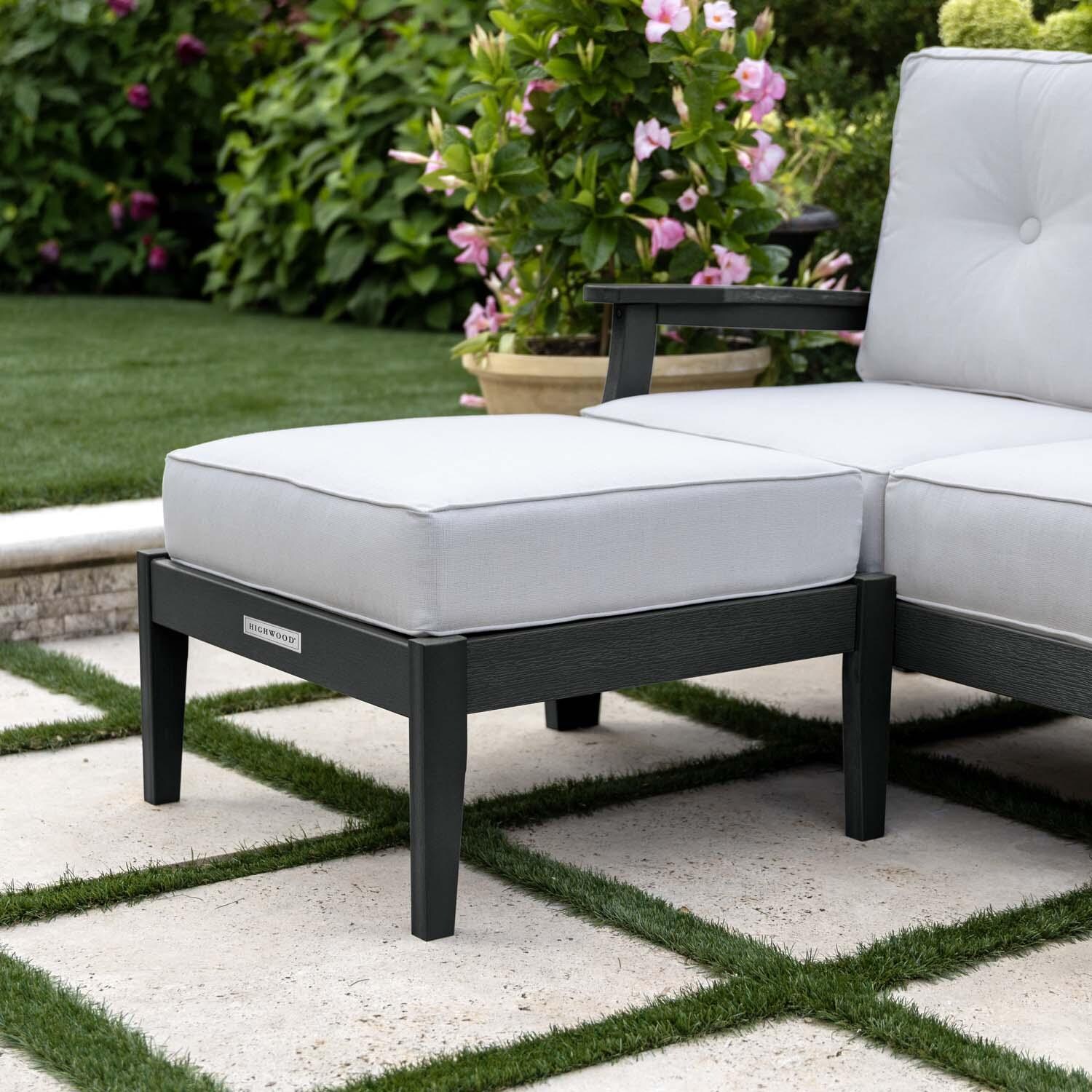 Blushing Bay Recycled Plastic Ottoman in Bliss Linen/Black by Lakeview Outdoor Designs - Shown w/ Chair (Not Included) - Lifestyle thumbnail