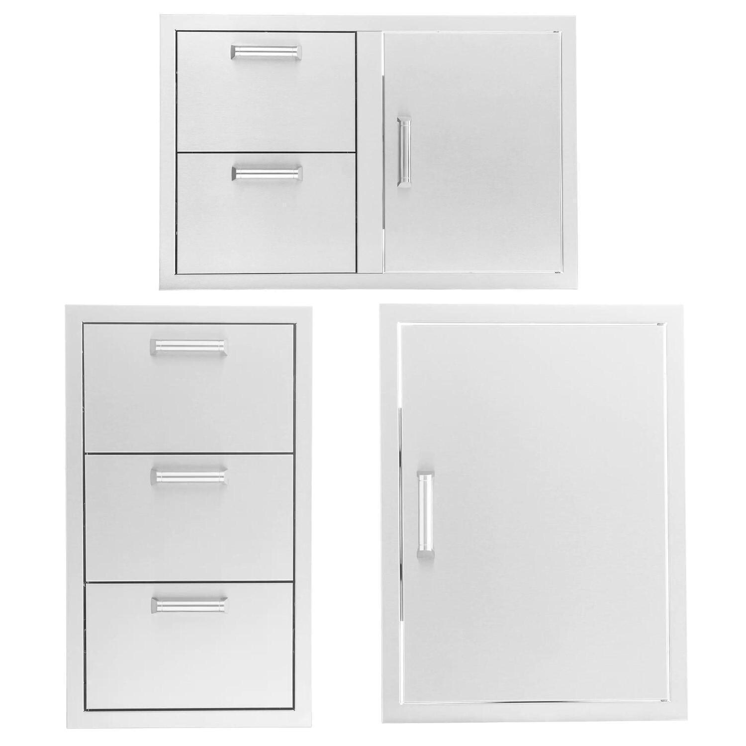 BBQGuys Signature 3 Pc 32-in Contempo/Traditional Door & Double Drawer Combo, Single Access Door & Triple Drawer Outdoor Kitchen Storage Package - Included Handles - White Background thumbnail