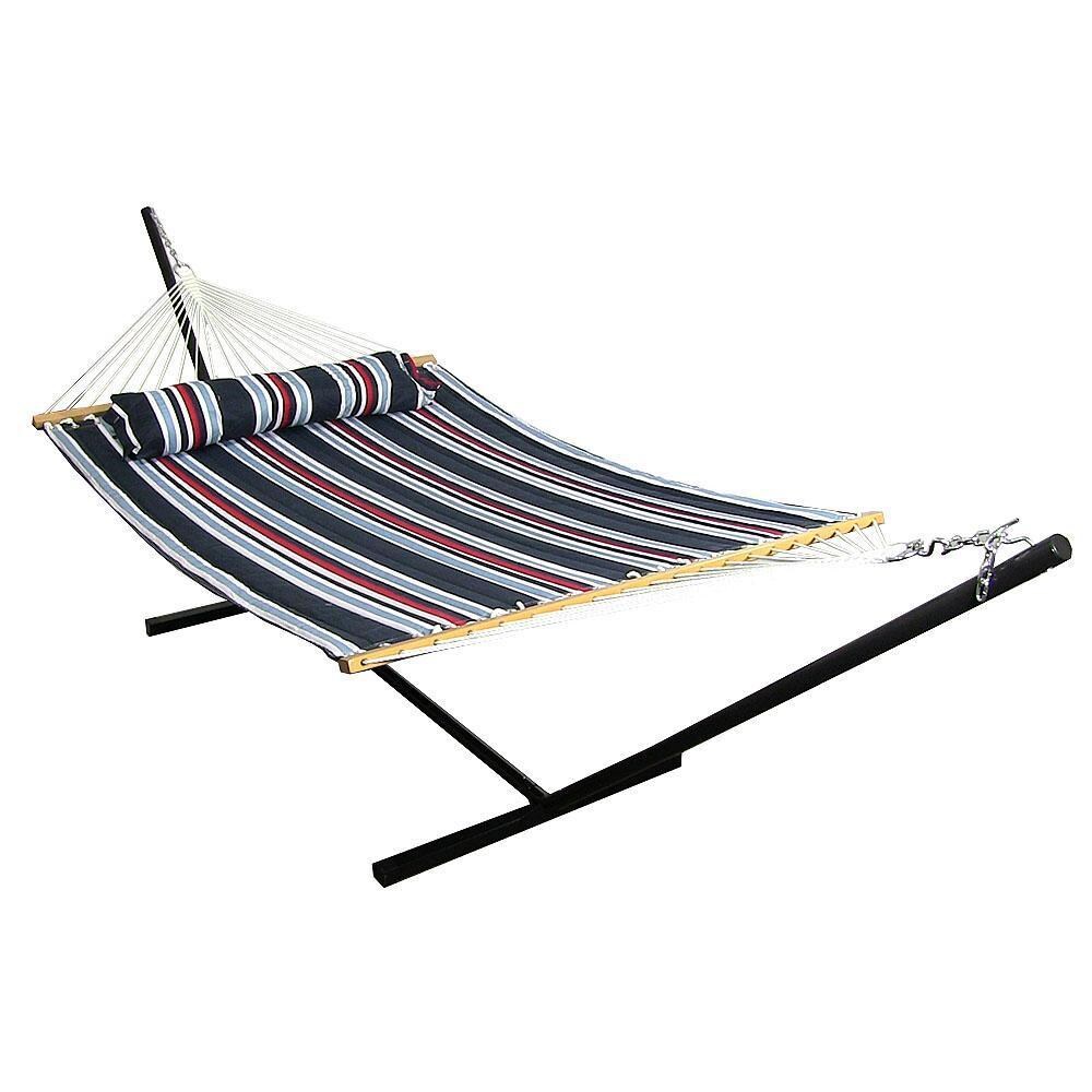 Ultimate Patio Quilted Double Hammock & Pillow w/ 12-Foot Black Stand - Nautical Stripe
