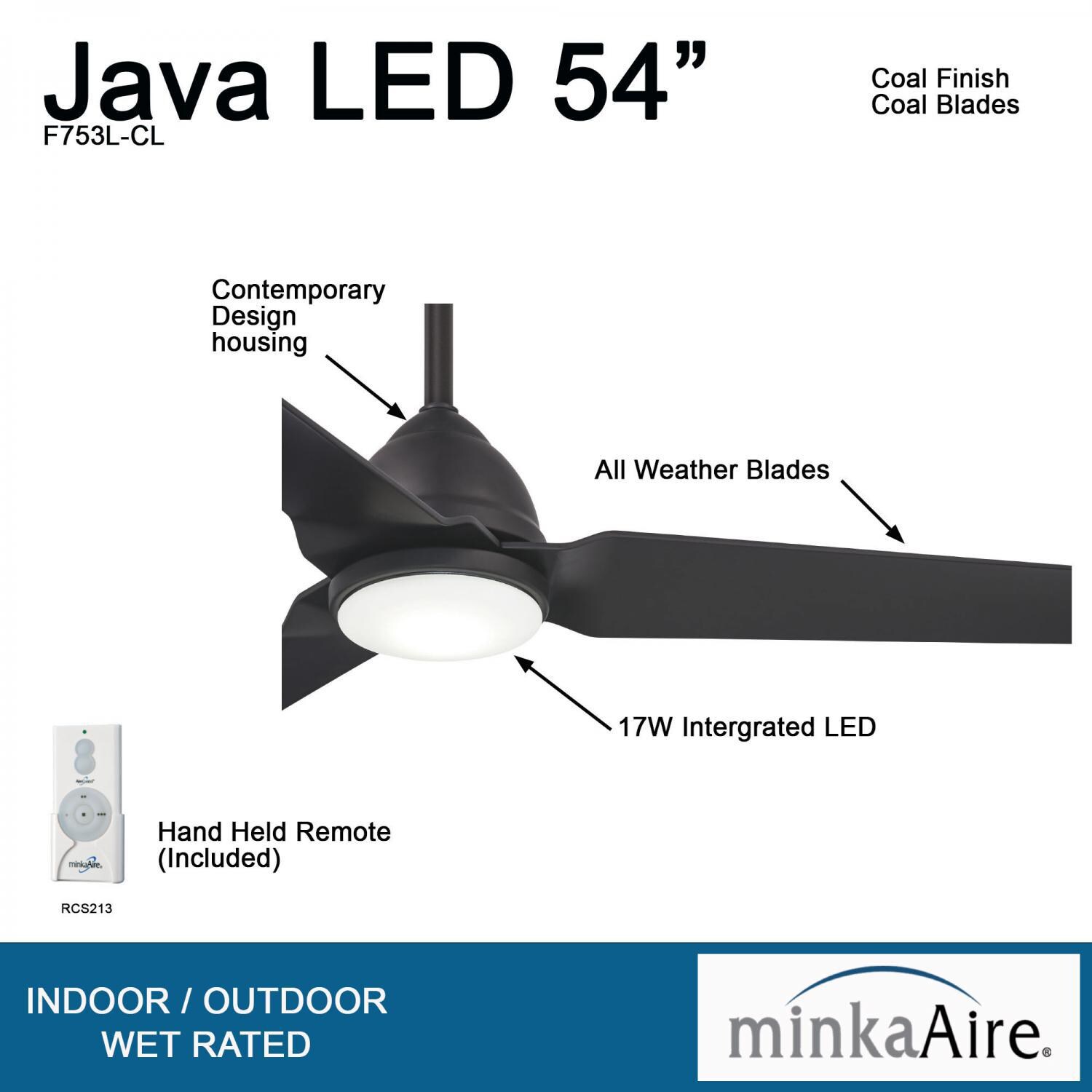 Minka-Aire F753L-CL Java 54-Inch 3-Blade Ceiling Fan in Coal Finish w/ Coal Blades & Etched Opal Glass - Details thumbnail