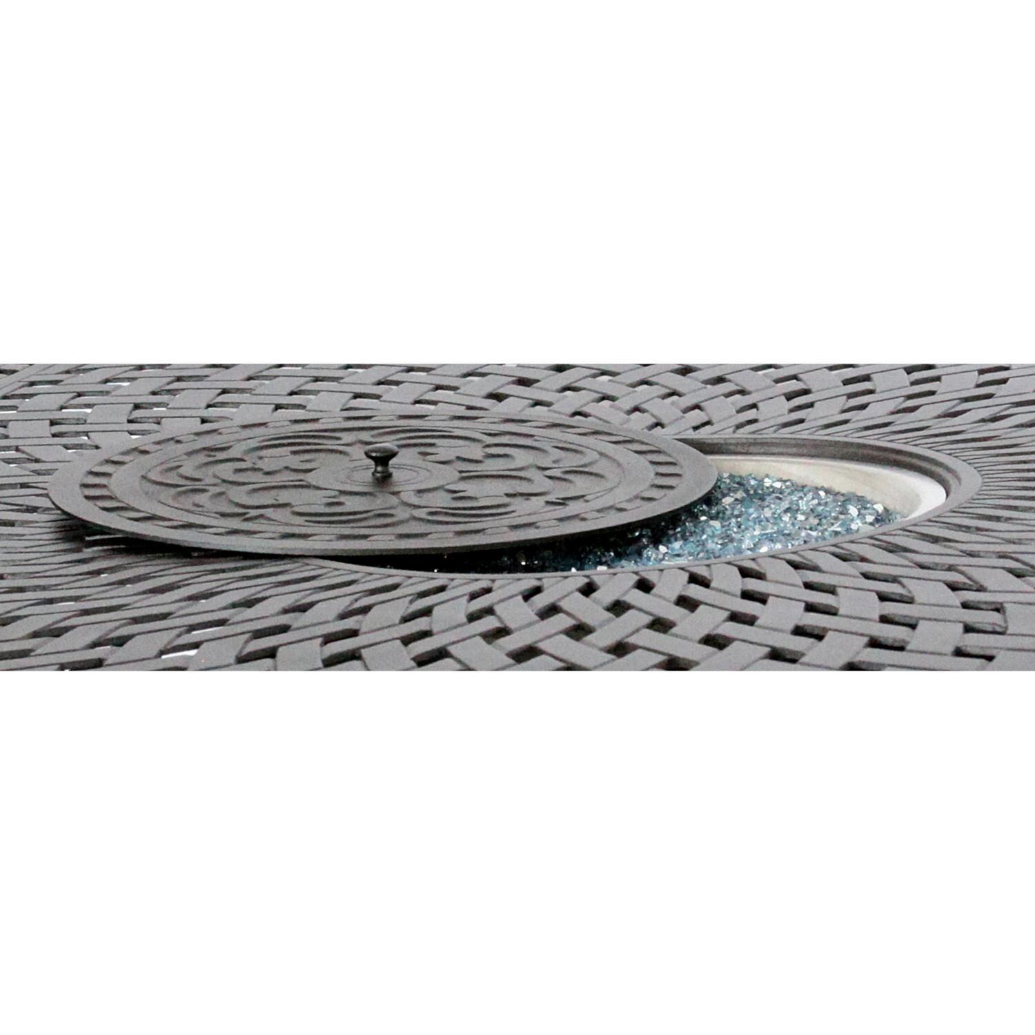 Santa Anita 7 Pc Cast Aluminum Patio Fire Pit Conversation Set w/ Sesame Sunbrella Cushions by Darlee - Fire Pit Cover - Detail thumbnail