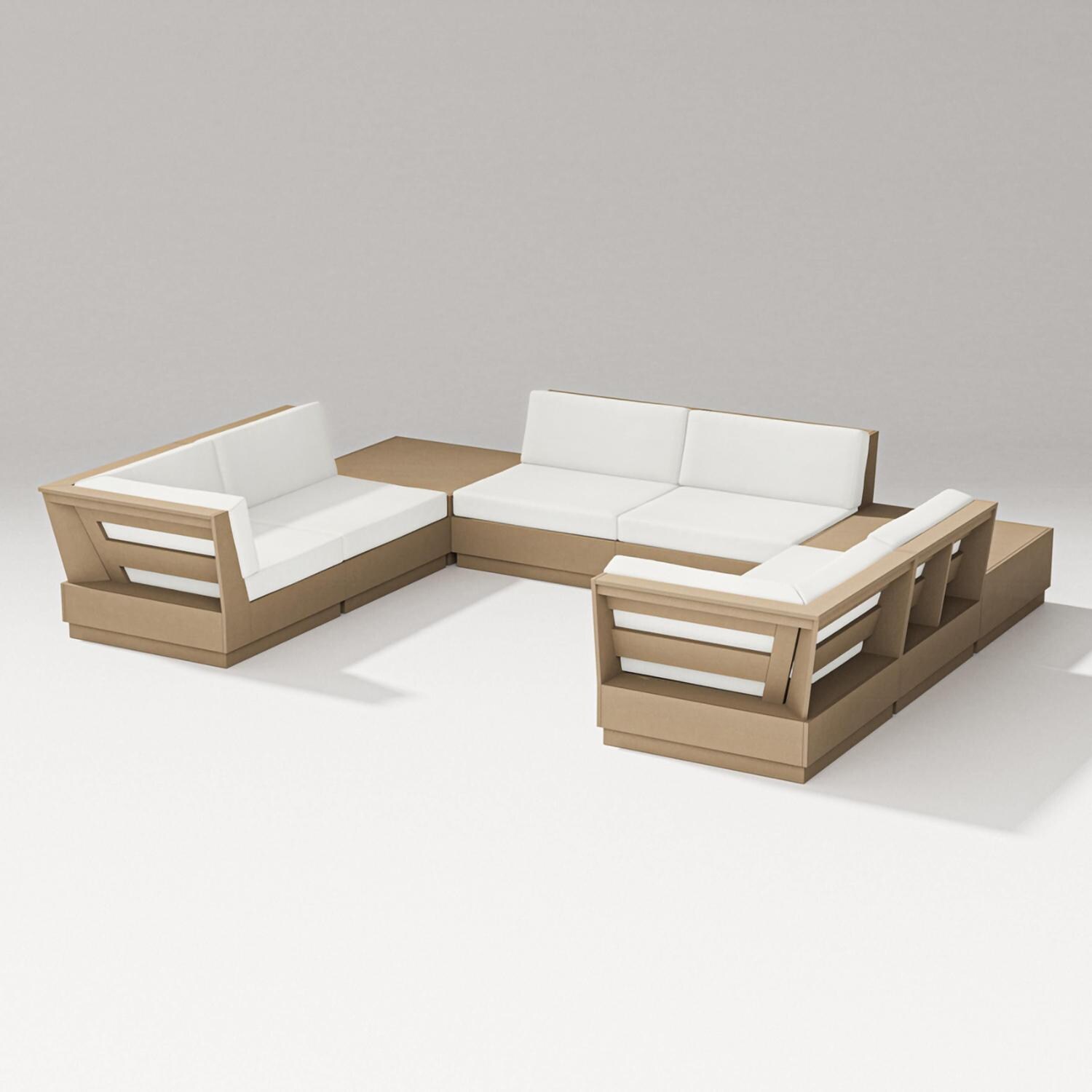 PW Designer Series Elevate 8 Pc U-shaped Recycled Plastic Sectional Seating Set in Vintage Sahara/Natural Linen - Set - White Background thumbnail