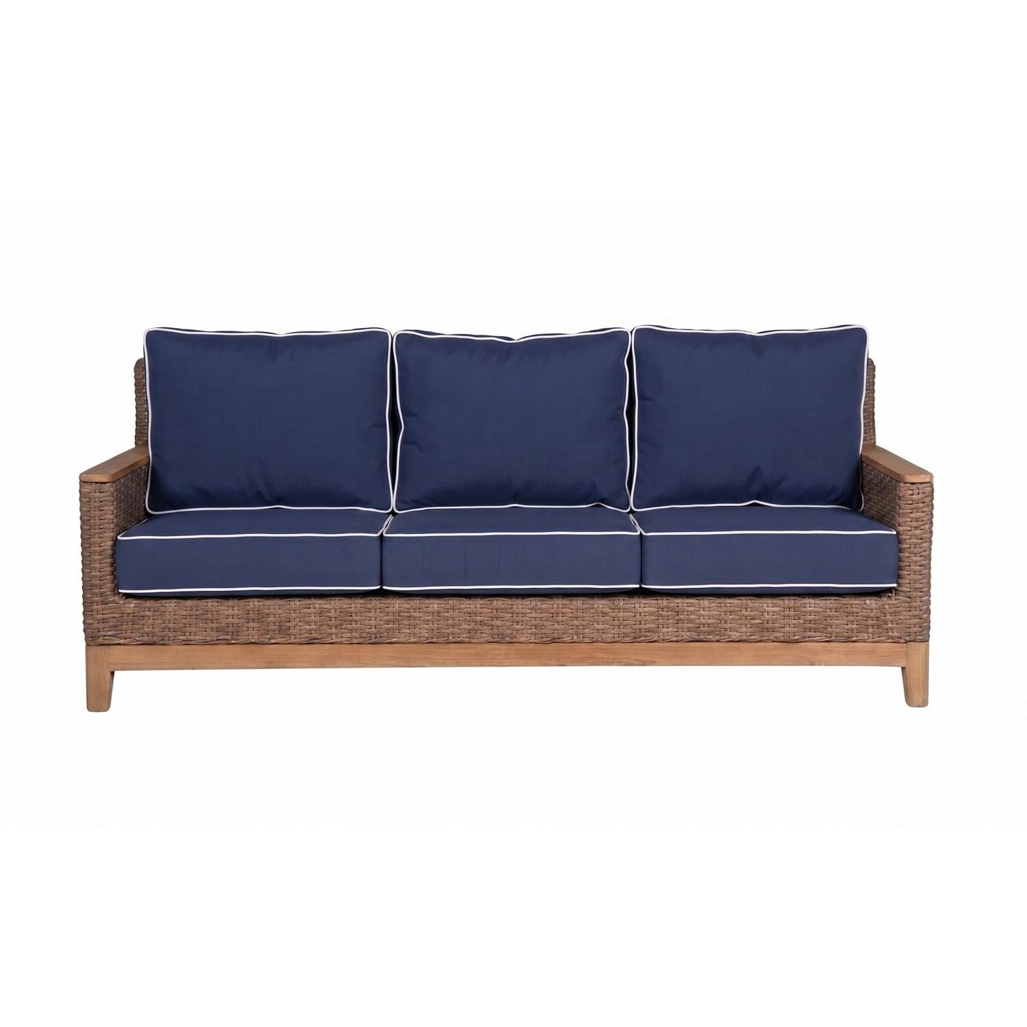 Boca 3 Person Wicker Sofa w/ Sunbrella Cushions in Honey/Navy w/ White Piping by Royal Teak Collection
