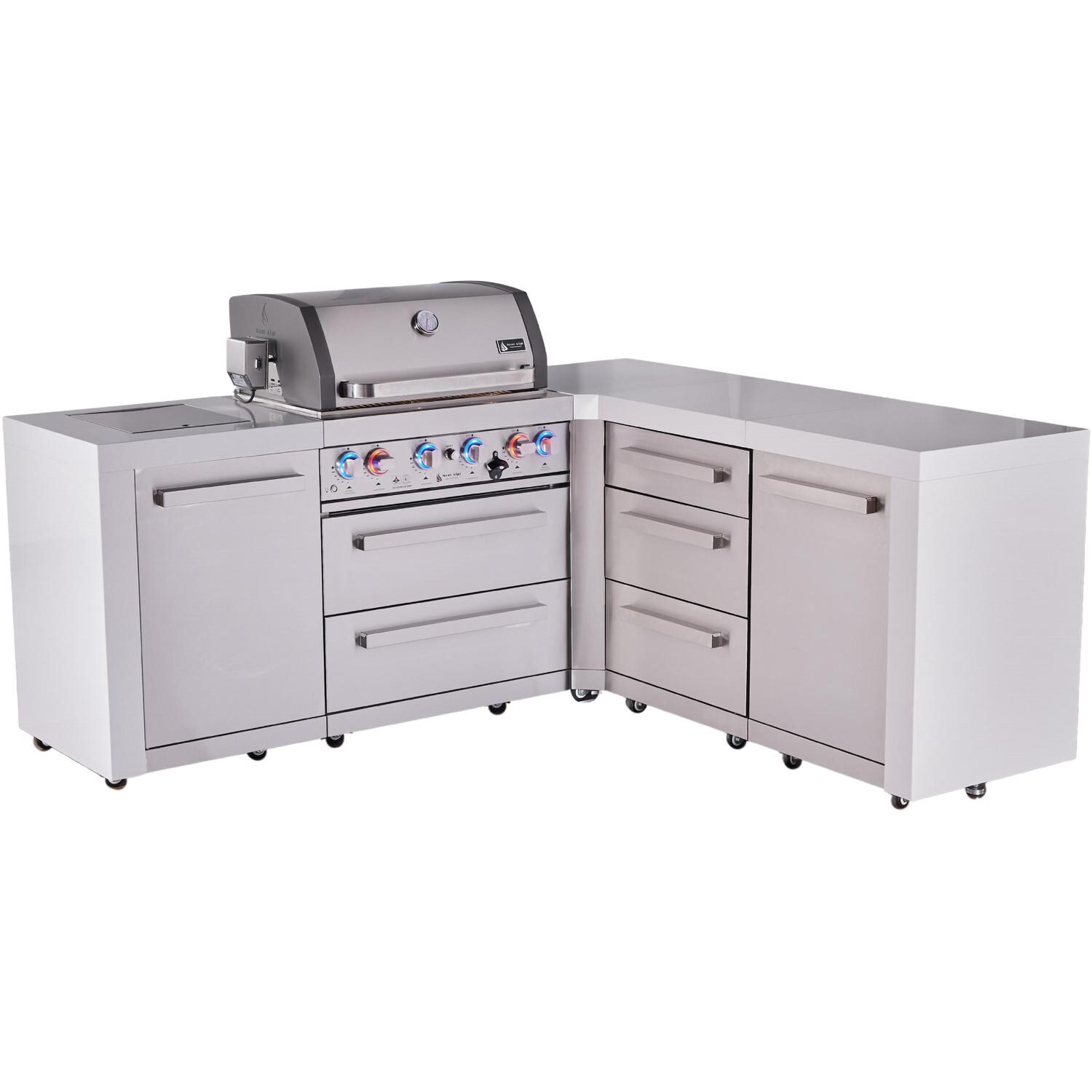 Mont Alpi Deluxe Series 7 Ft L-Shaped Natural Gas Outdoor Kitchen Island w/ 32-in Grill, Side Burner & Triple Drawer (Ships Propane w/ Conversion Kit) - Angled Left - White Background thumbnail