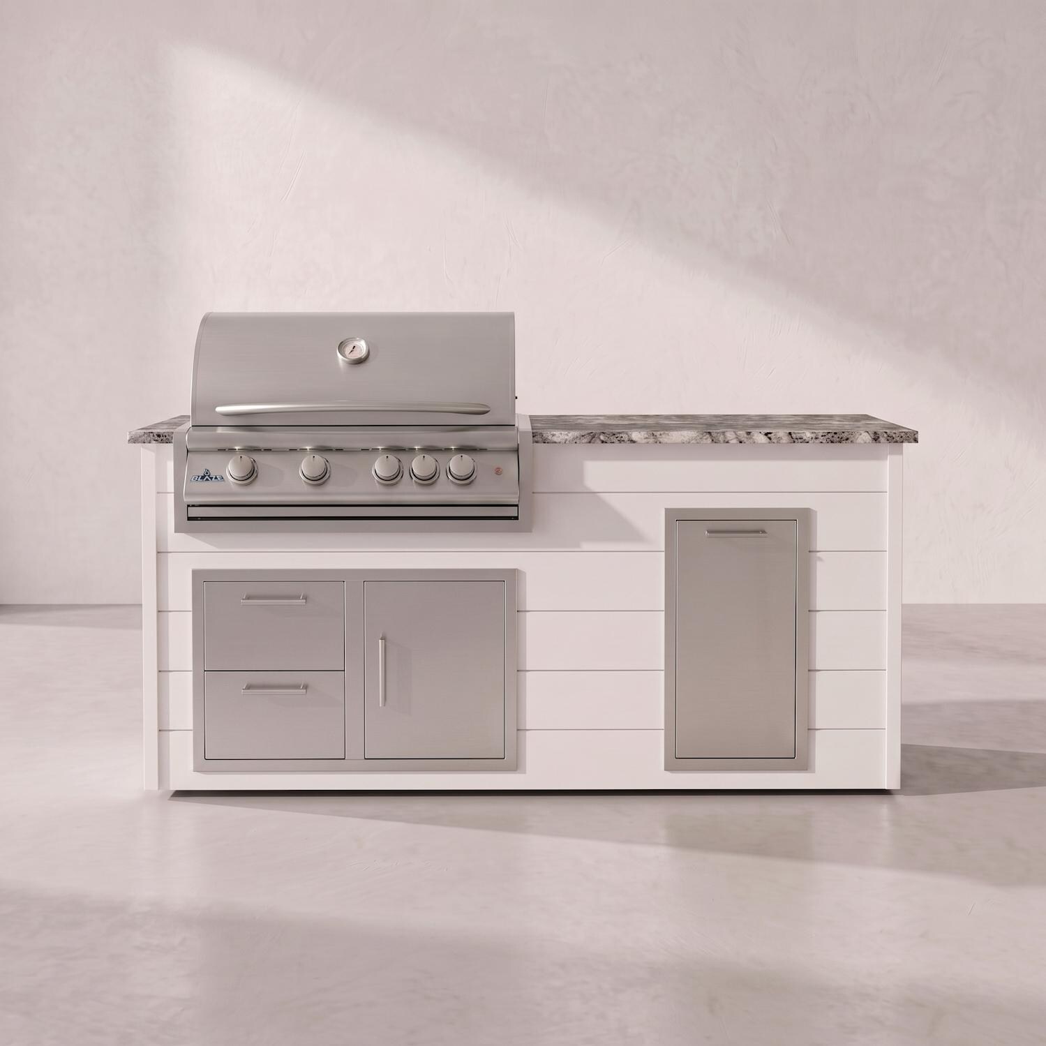 BBQGuys Signature 6 Ft Grill Island w/ 32 Inch Propane Blaze Premium LTE+ Grill, Narrow Trash Bin & Door & Drawer | Sun Bleached Oak w/ White Granite - Front - Lifestyle thumbnail