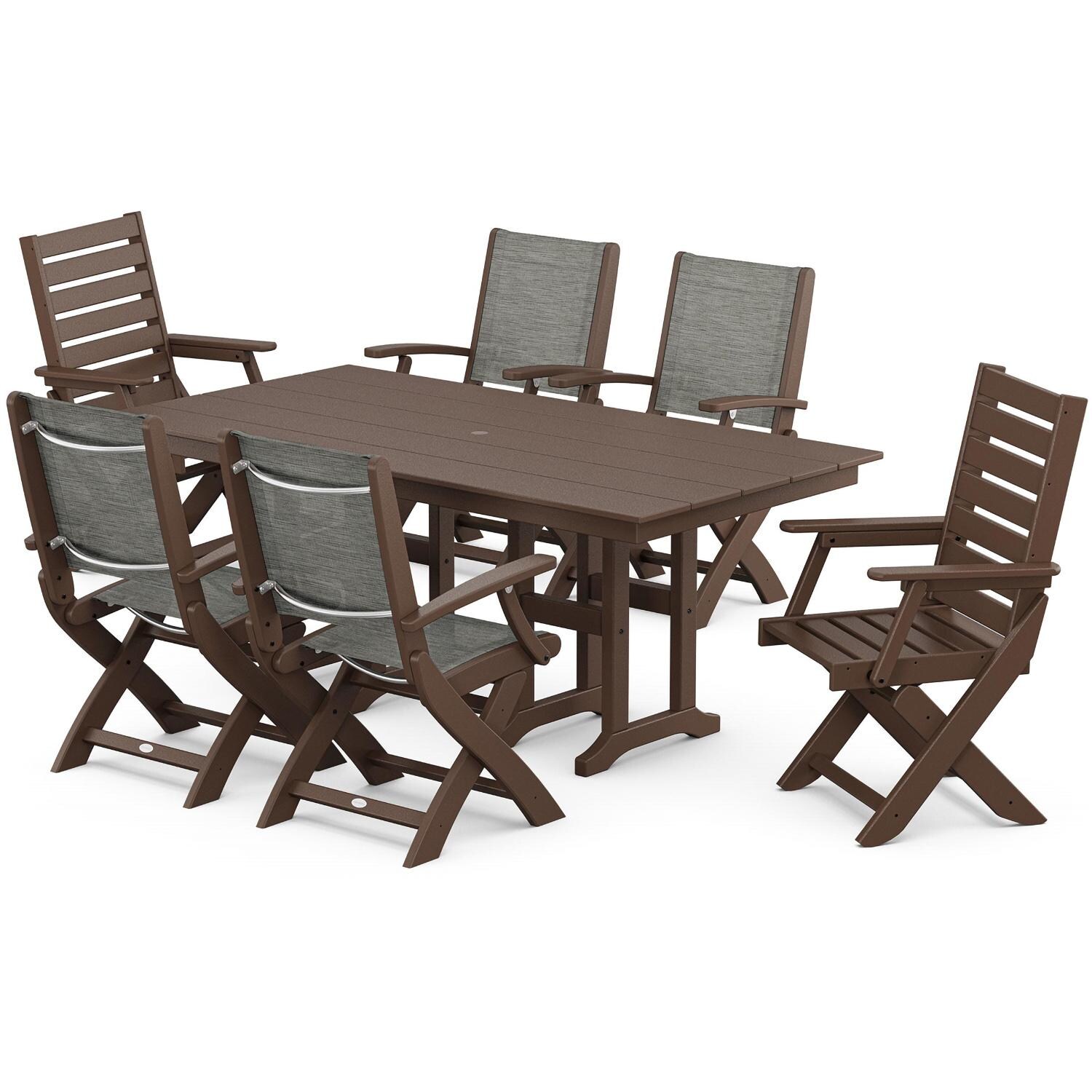 POLYWOOD x BBQGuys Creekside 7 Pc Recycled Plastic Dining Set W/ Onyx Sling in Mahogany
