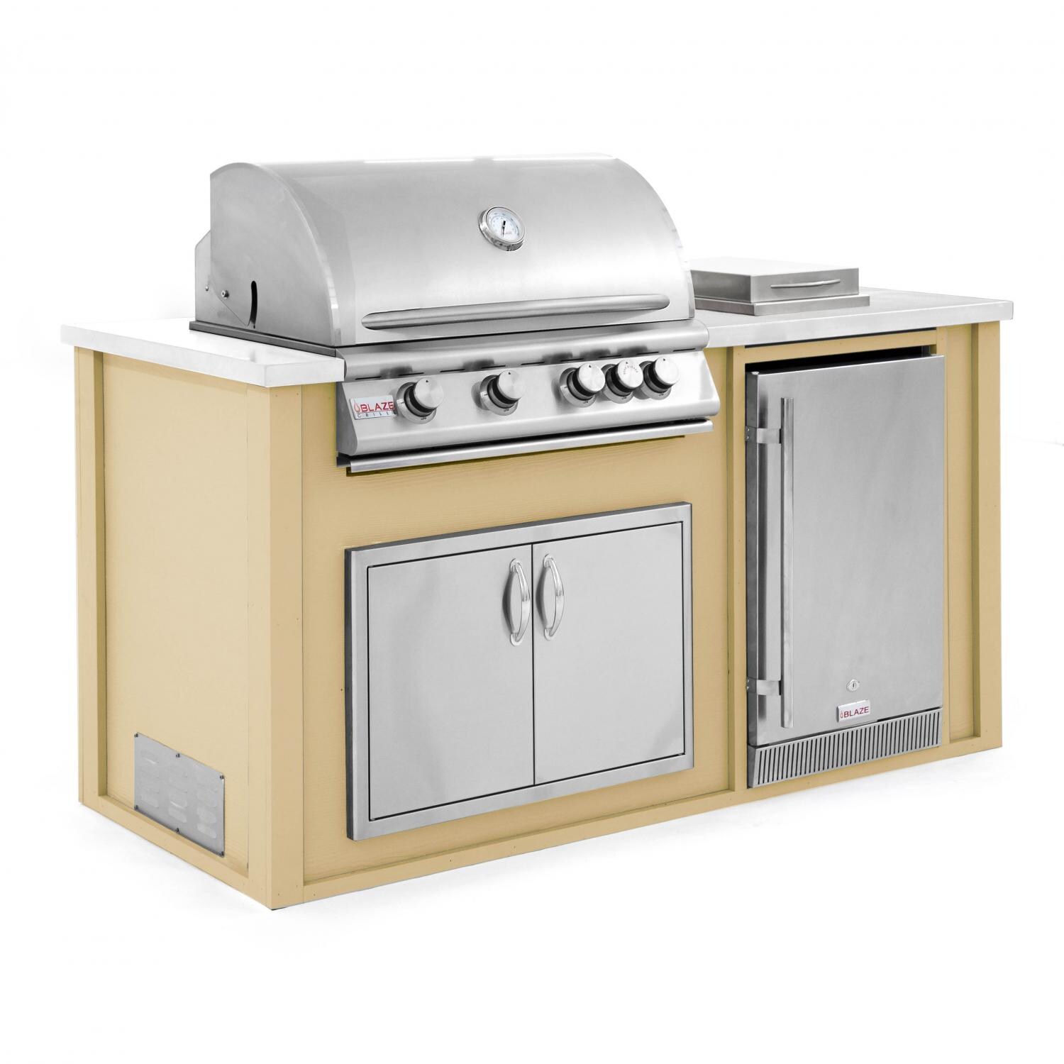 BBQGuys.com 6 Ft BBQ Island With Blaze 32-Inch Natural Gas Grill, Double Access Door, Outdoor-Rated Compact Refrigerator & Side Burner - Cork Wedge/White - Angled View thumbnail