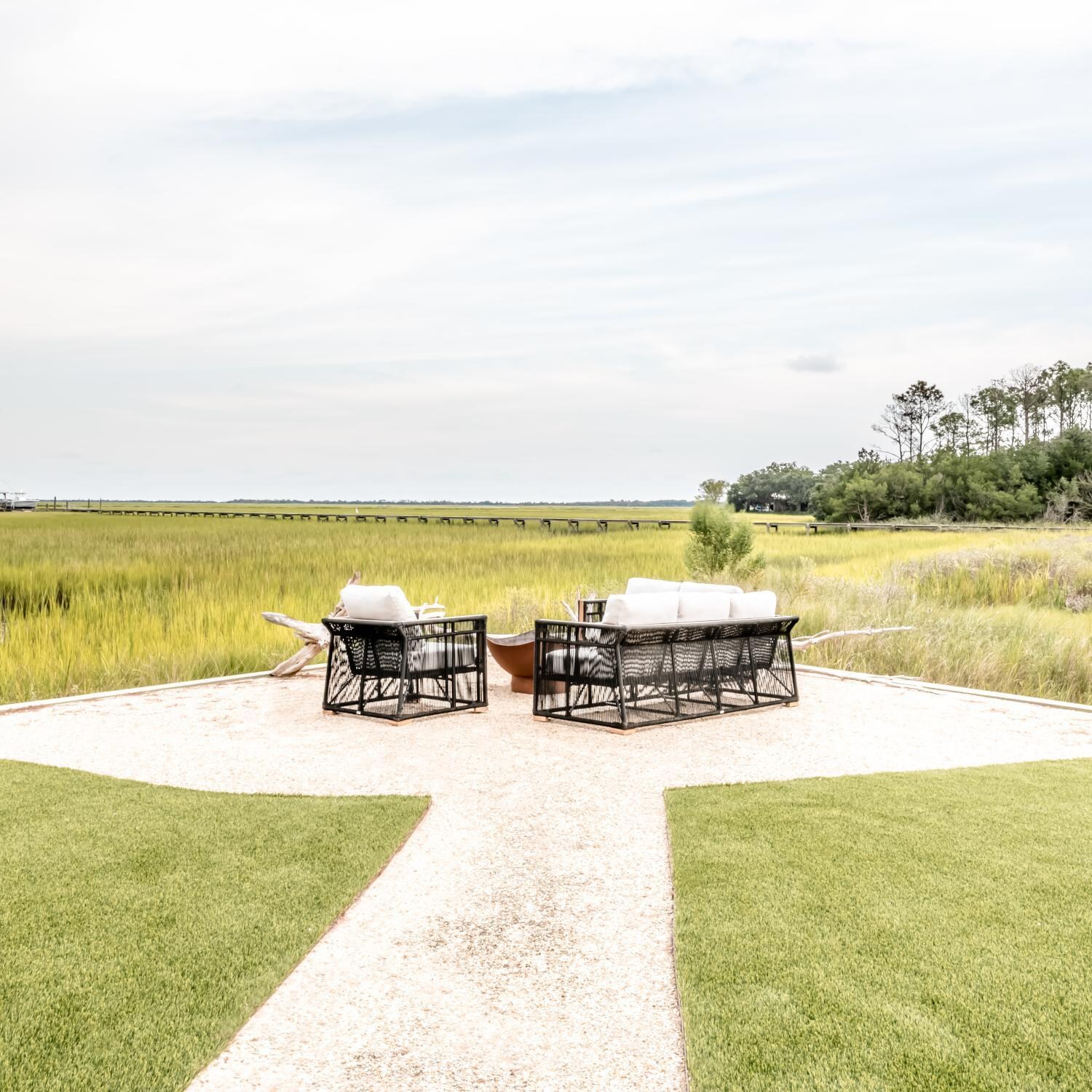 Teak + Table Breeze Olefin Rope & Teak Patio Club Chair in Charcoal/Natural - Around the Firepit Landscape View - Lifestyle thumbnail