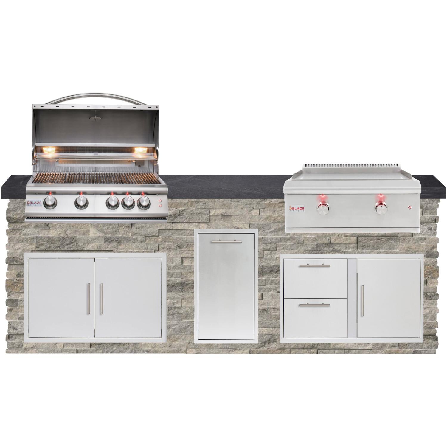 BBQGuys Signature 8ft Luxury Outdoor Island W/ Blaze Premium LTE 32-Inch Natural Gas Grill & LTE 30-Inch Natural Gas Griddle - Silver Travertine Stone W/ Black Polished Granite thumbnail