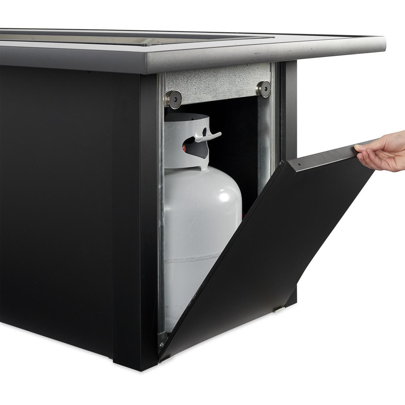 Lakeview Outdoor Designs Anchor Lake Linear Gas Fire Pit Table - Access Door Provides Convenient Storage For Propane Tanks - White Background thumbnail