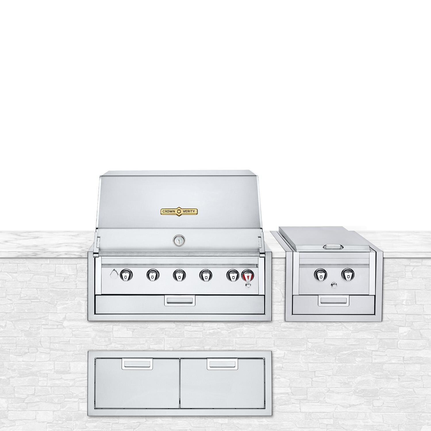 Crown Verity IBI36NG Infinite Series 3pc 36-Inch Natural Gas Built-In Grill Bundle W/Access Door & Sideburner - White Background thumbnail