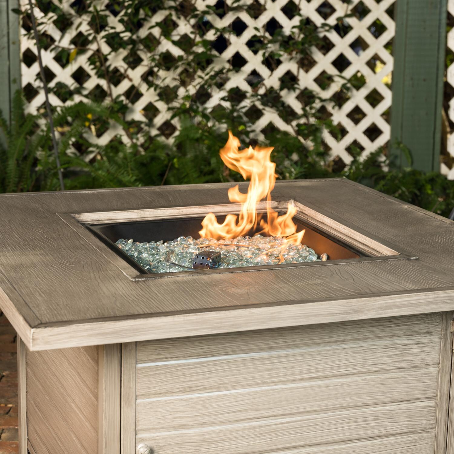 Ultimate Patio SC62741 Saddlebunch 40-Inch Square Aluminum Propane Fire Pit Table - Up Close thumbnail