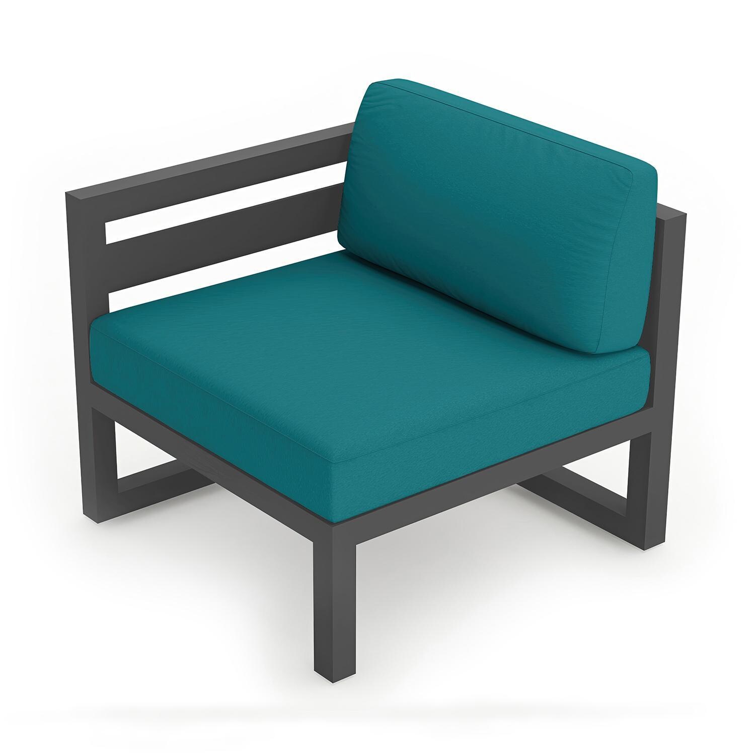 Misty Cove Aluminum Left Arm Club Chair in Slate w/Spectrum Peacock Cushions - Angle View - White Background thumbnail